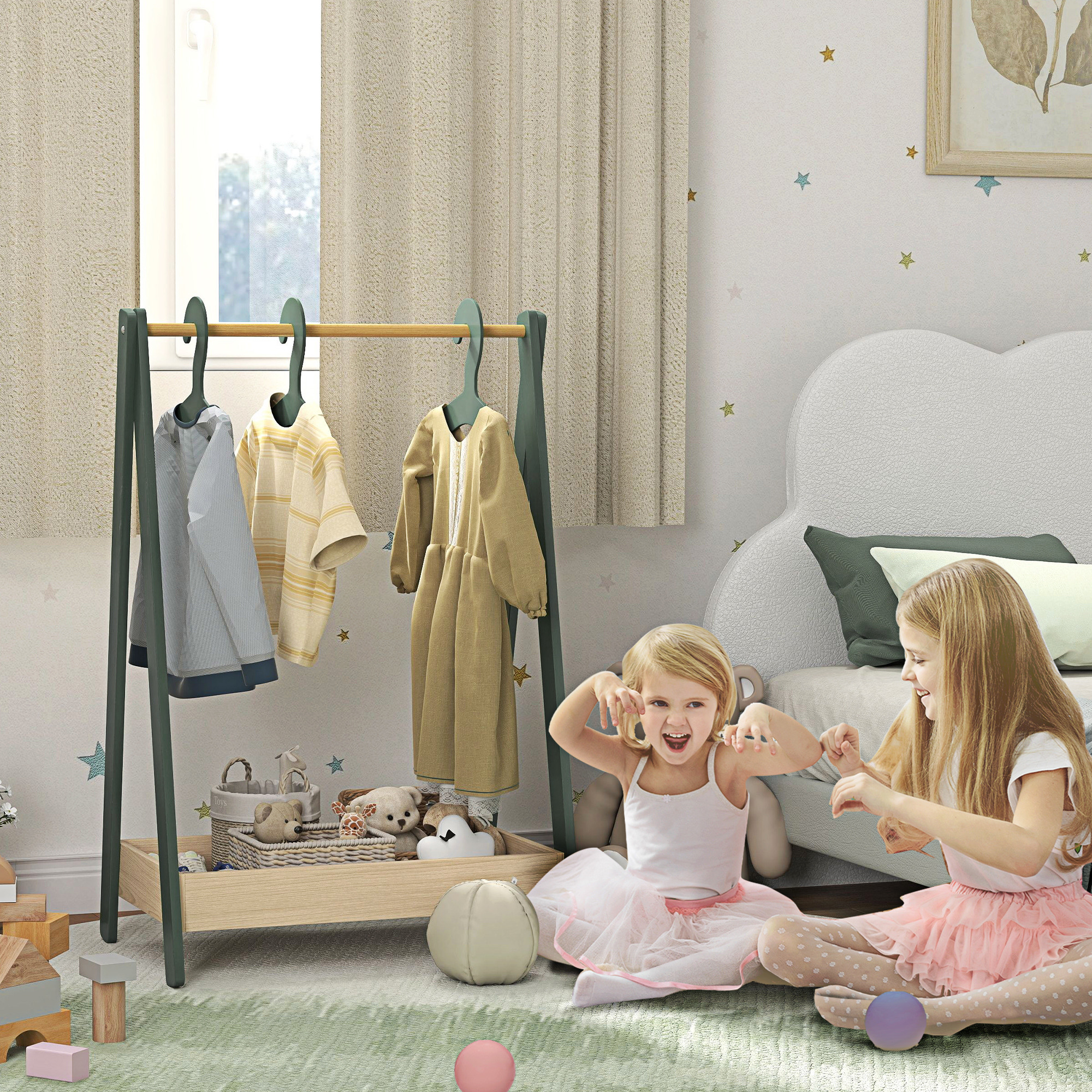 AIYAPLAY Kids Clothes Rail with 3Hangers, Bottom Storage Shelf for Girls, Boys, Nursery, Bedroom, Green 2