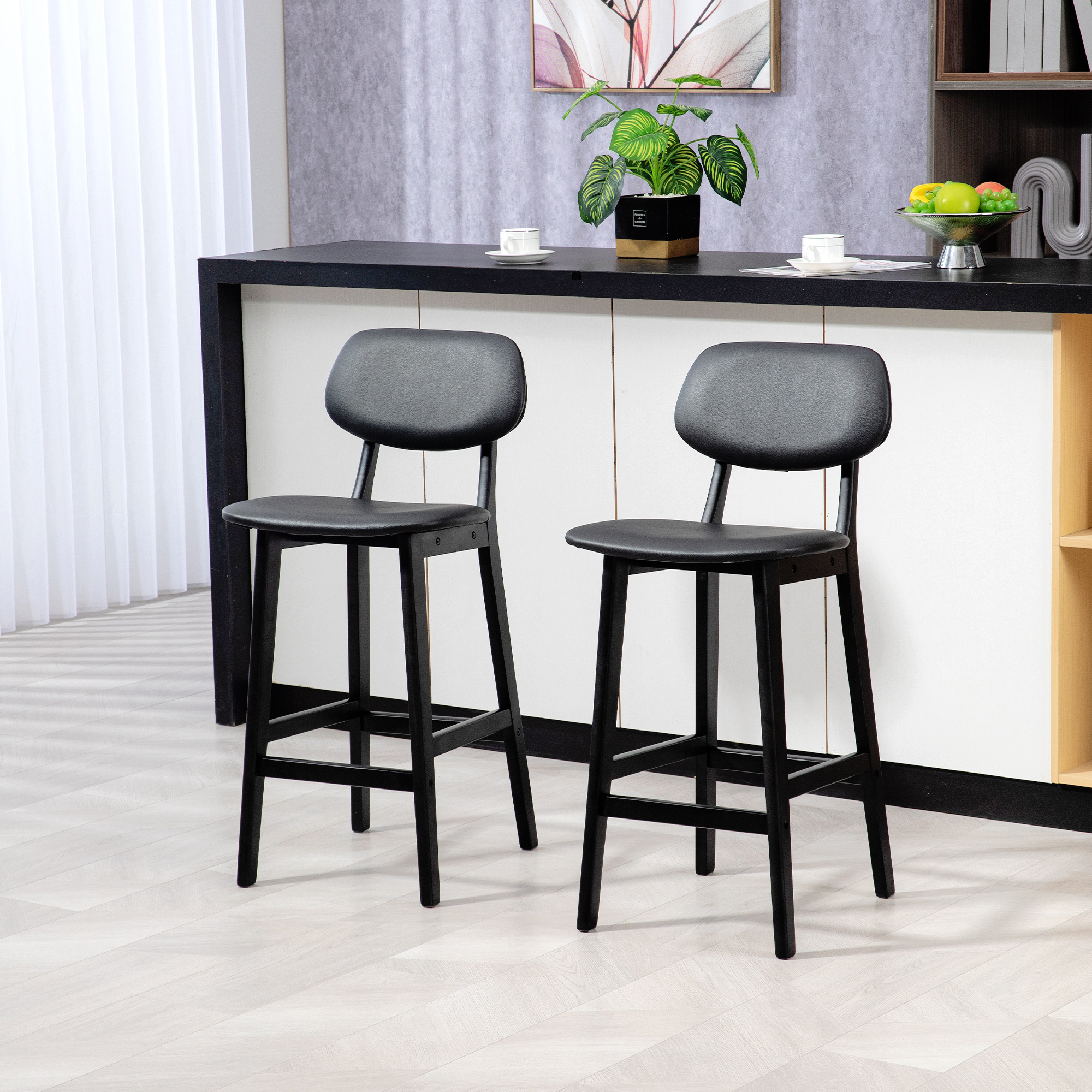 HOMCOM Set of Two Wooden Classic Bar Stools, with Faux Leather Seats Black 2
