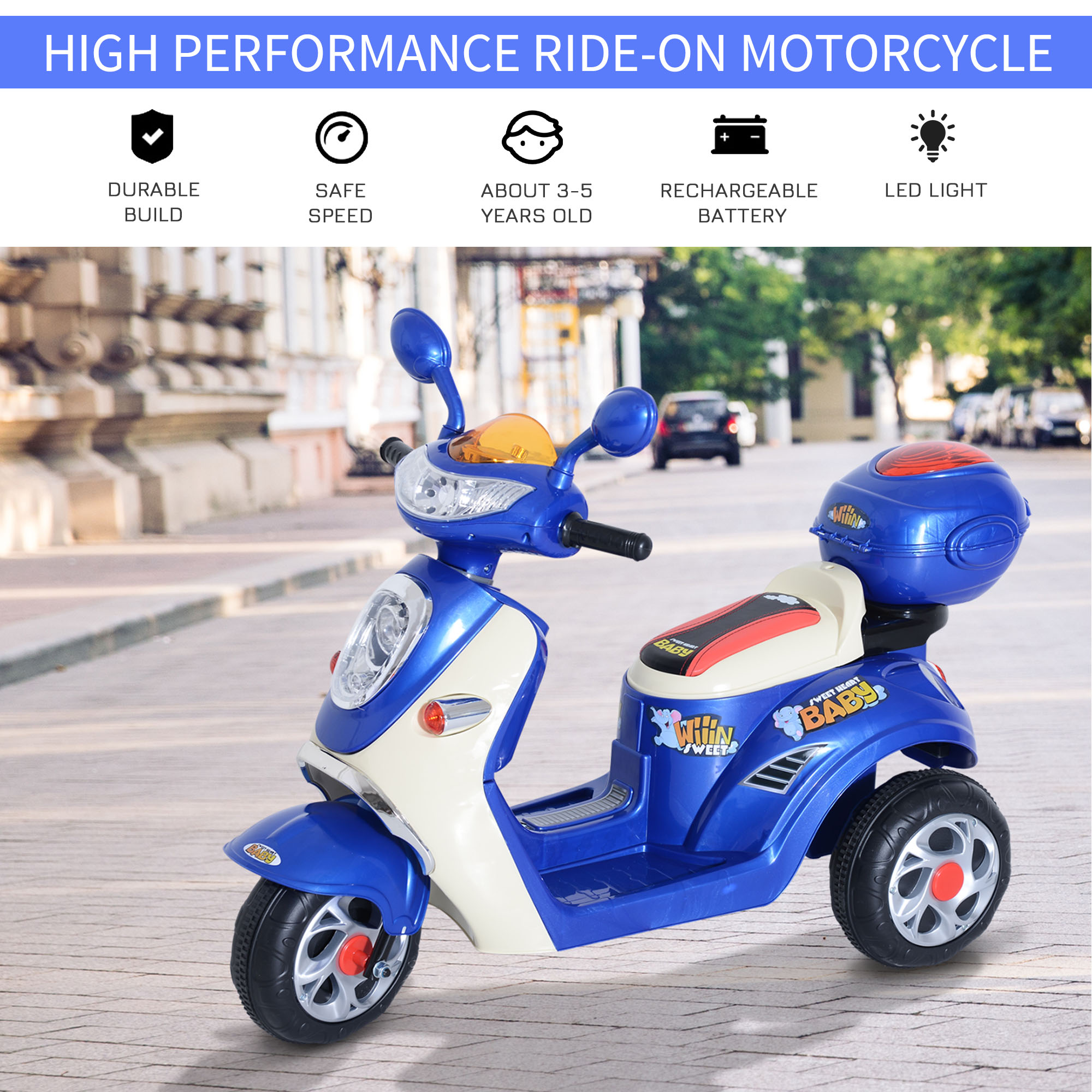 HOMCOM Kids Electric Ride On Toy Car 6V Electric Motorbike with Chargeable Battery Headlight and Music for 3-5 Years Blue 4