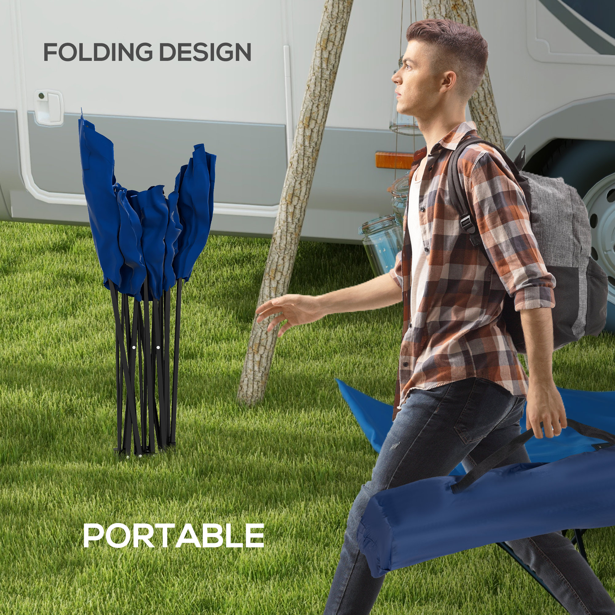 Outsunny Camping Bed for Adults, Single Folding Camp Bed, Portable Camping Cot with Side Pocket, Headrest and Oxford Seat for Outdoor, Travel, Fishing, Dark Blue 4