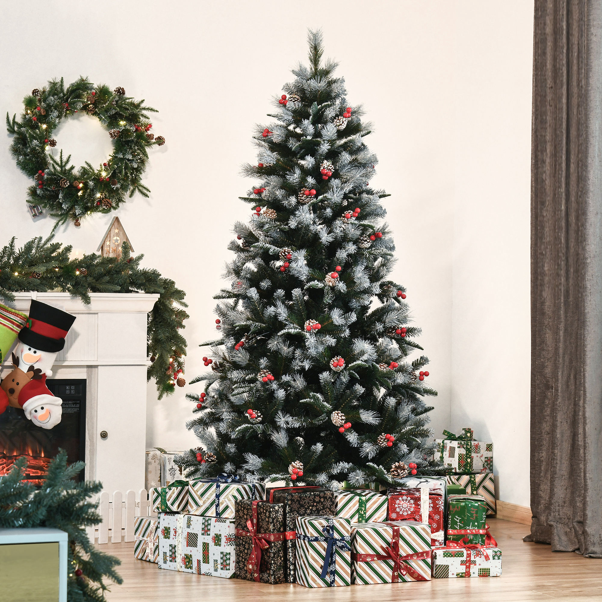 HOMCOM 6FT Artificial Snow Dipped Christmas Tree Xmas Pencil Tree Holiday Home Party Decoration with Foldable Feet Red Berries White Pinecones, Green 2