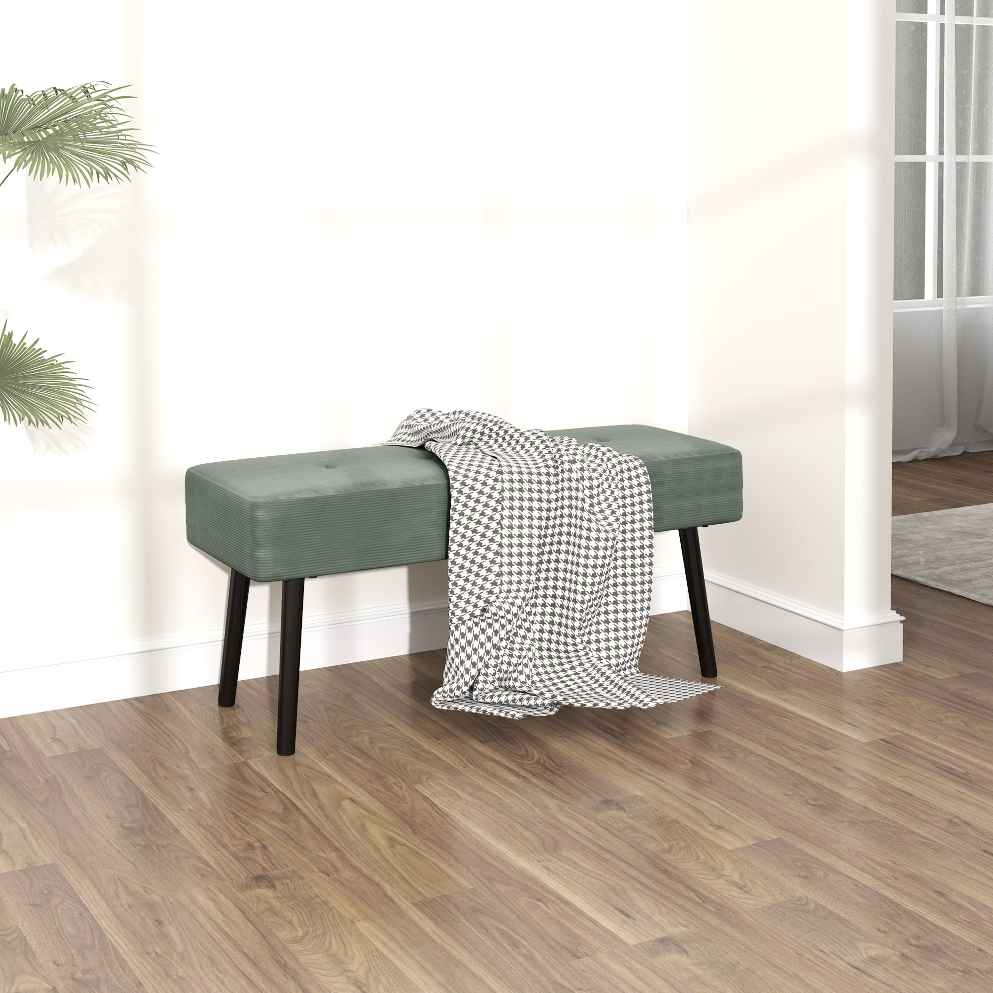 HOMCOM End of Bed Bench, Corduroy Bedroom Bench with Thick Padding and Steel Legs, Tufted Window Seat for Entryway, Living Room, Green 7