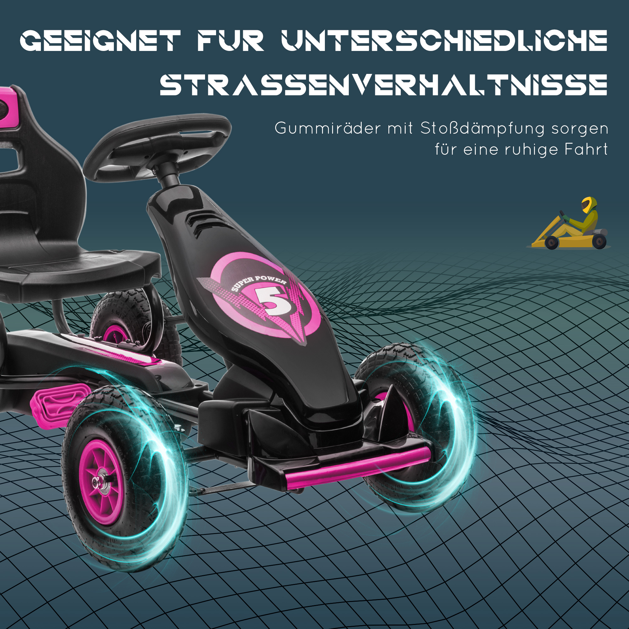 Laste gokart, pedaalidega, reguleeritava istmega, sise- ja välistingimustes kasutamiseks, alates 5. eluaastast, roosa+must, 117 x 58 x 61 cm