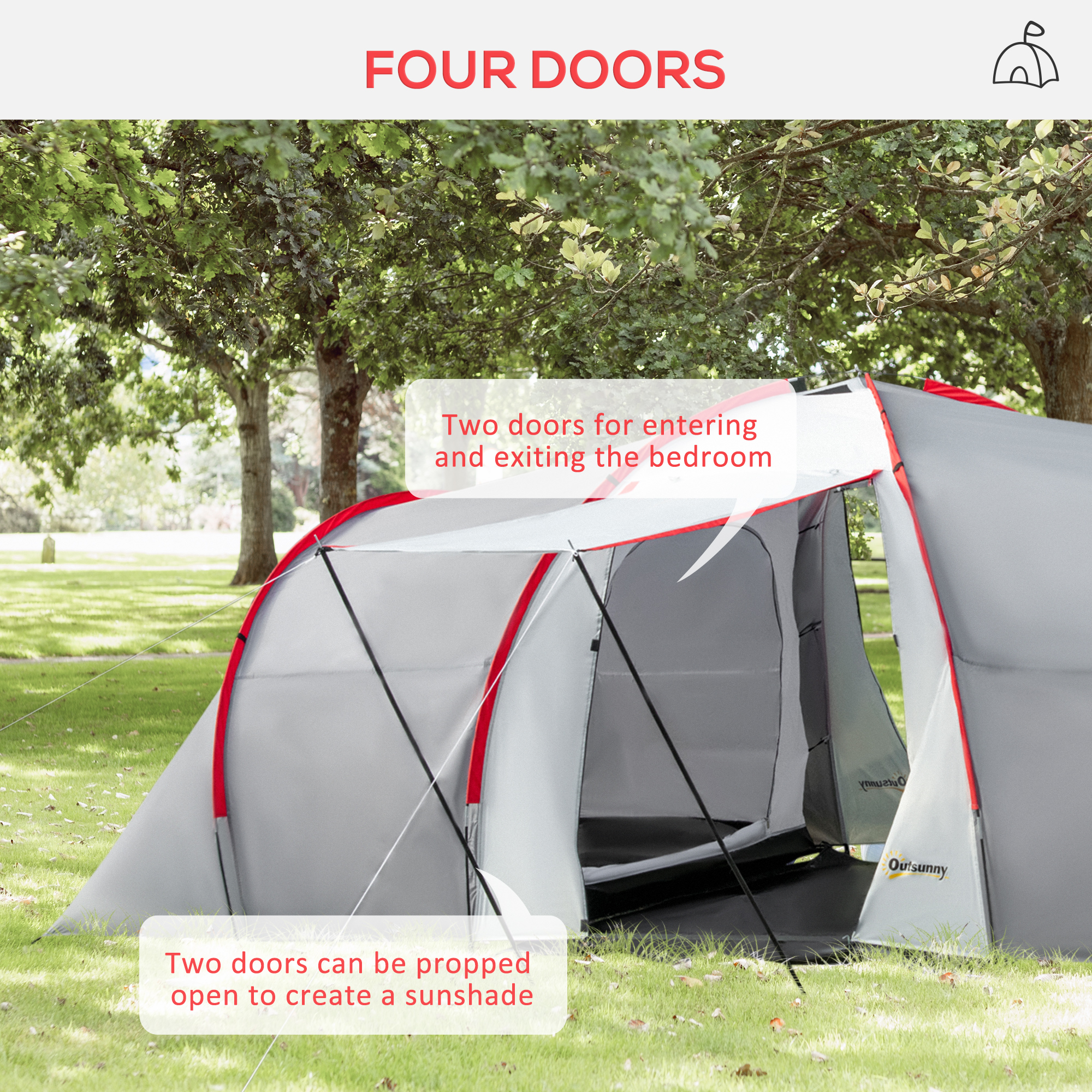 Outsunny Four-Man Tunnel Tent, with Two Bedrooms and Living Room Grey/Red 5
