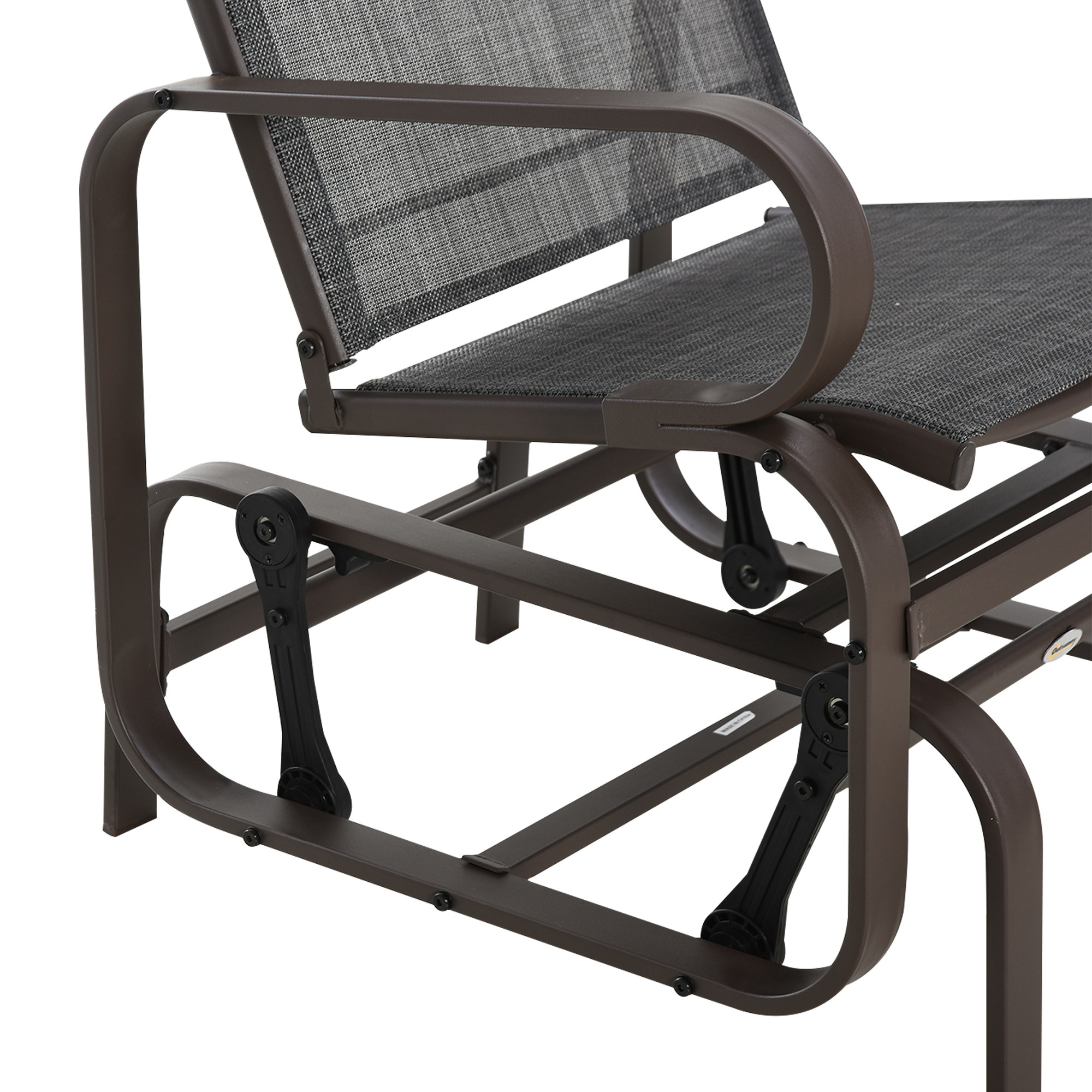 Outsunny 3 Pieces Garden Gliding Chair Set, Metal Frame 2 Single Armchair Swing Seater and 1 Glass Top Coffee Table w/ Breath Mesh Fabric Seat, Brown 8