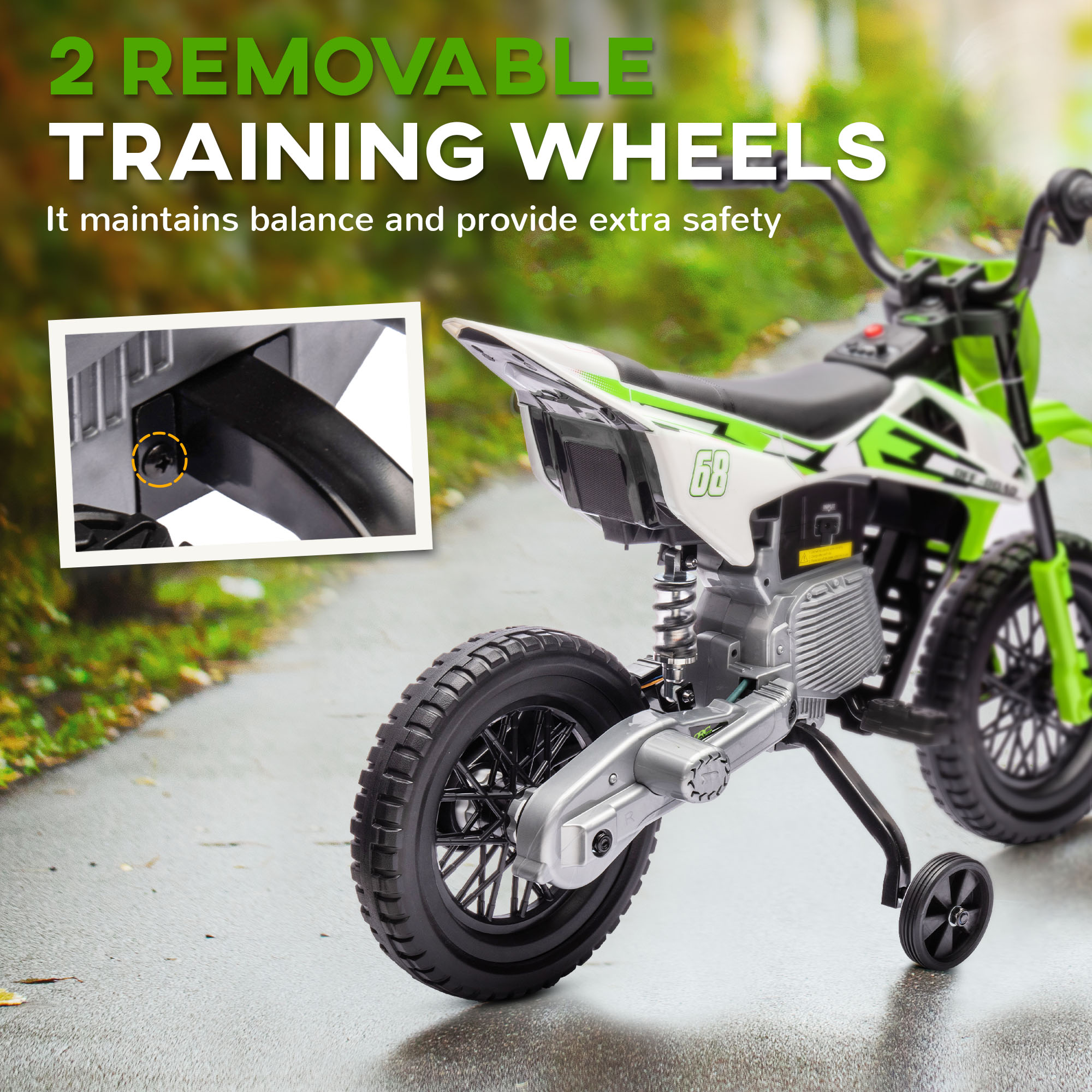 AIYAPLAY 12V Kids Electric Motorbike, Kids Electric Ride on motorcycle w/ Twist Grip Throttle, Training Wheels, Green 5