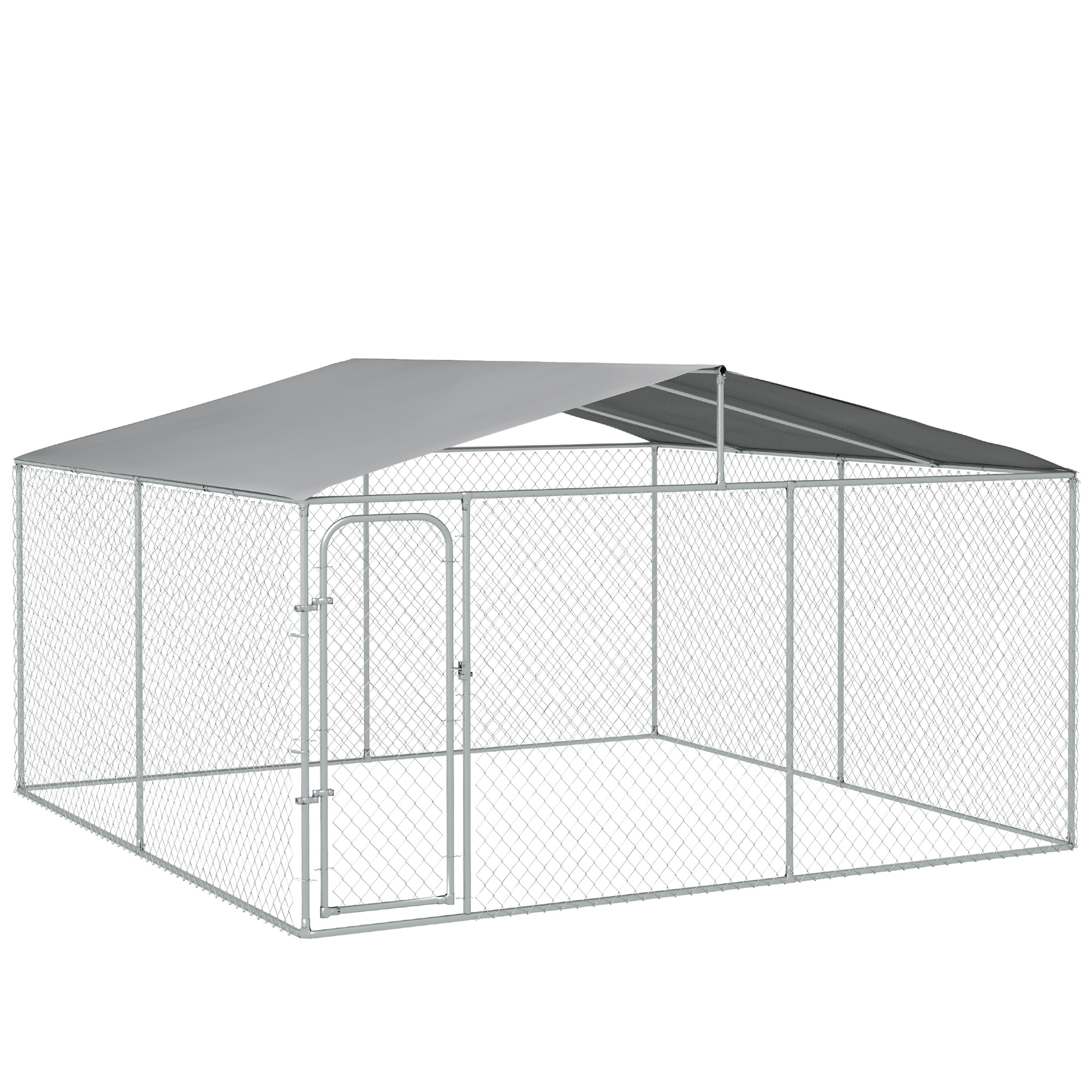 PawHut Perrera de Exterior con Toldo Anti-UV Impermeable Puerta con Pestillo y Marco de Metal Galvanizado 4x4x2,3 m Plata