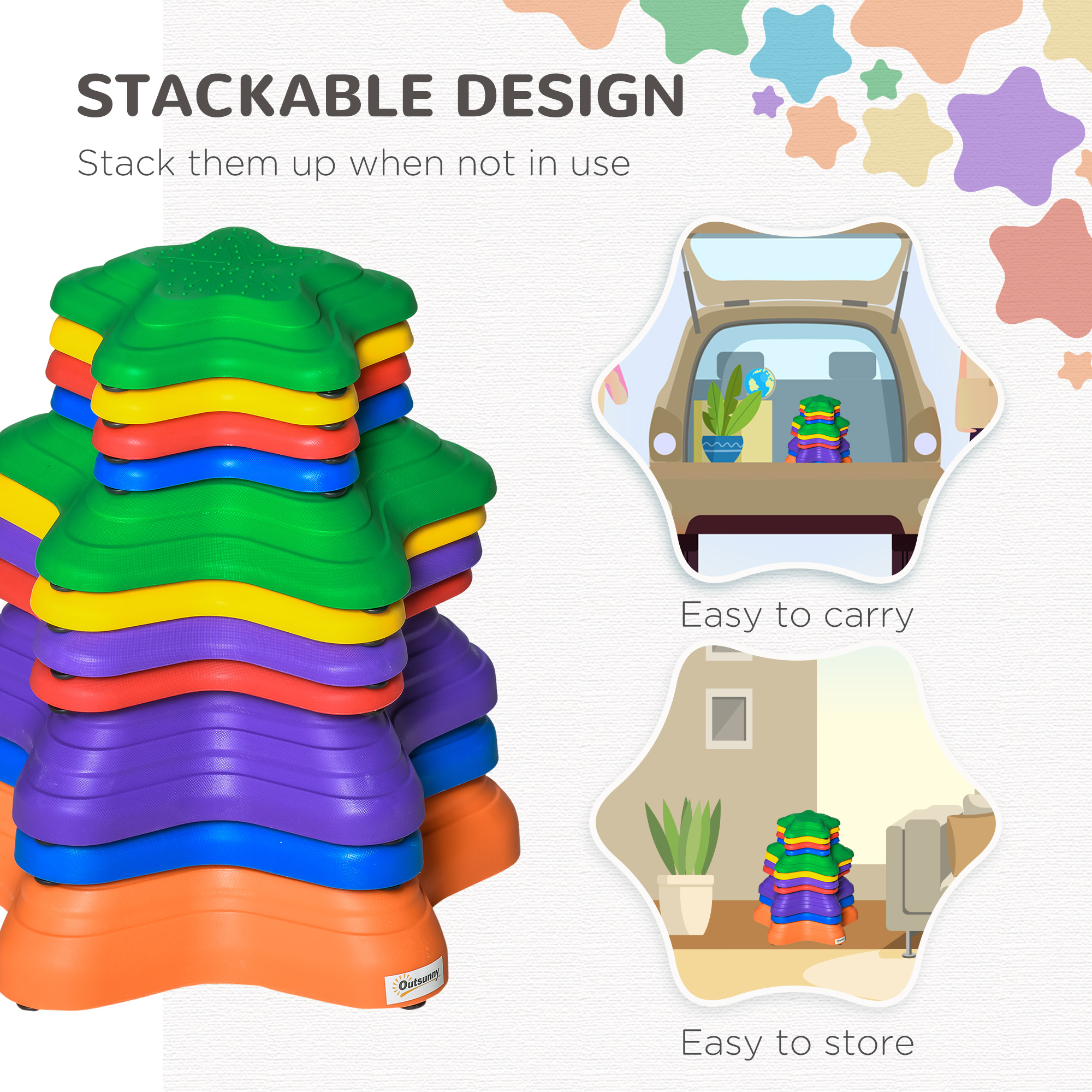 Outsunny 11-Piece Balance Stepping Stones for Kids Starfish Style Non-slip Obstacle Course Stackable Balance Blocks Garden Toys Encourage Toddler Sensory Toys Indoor Outdoor Multicoloured 4