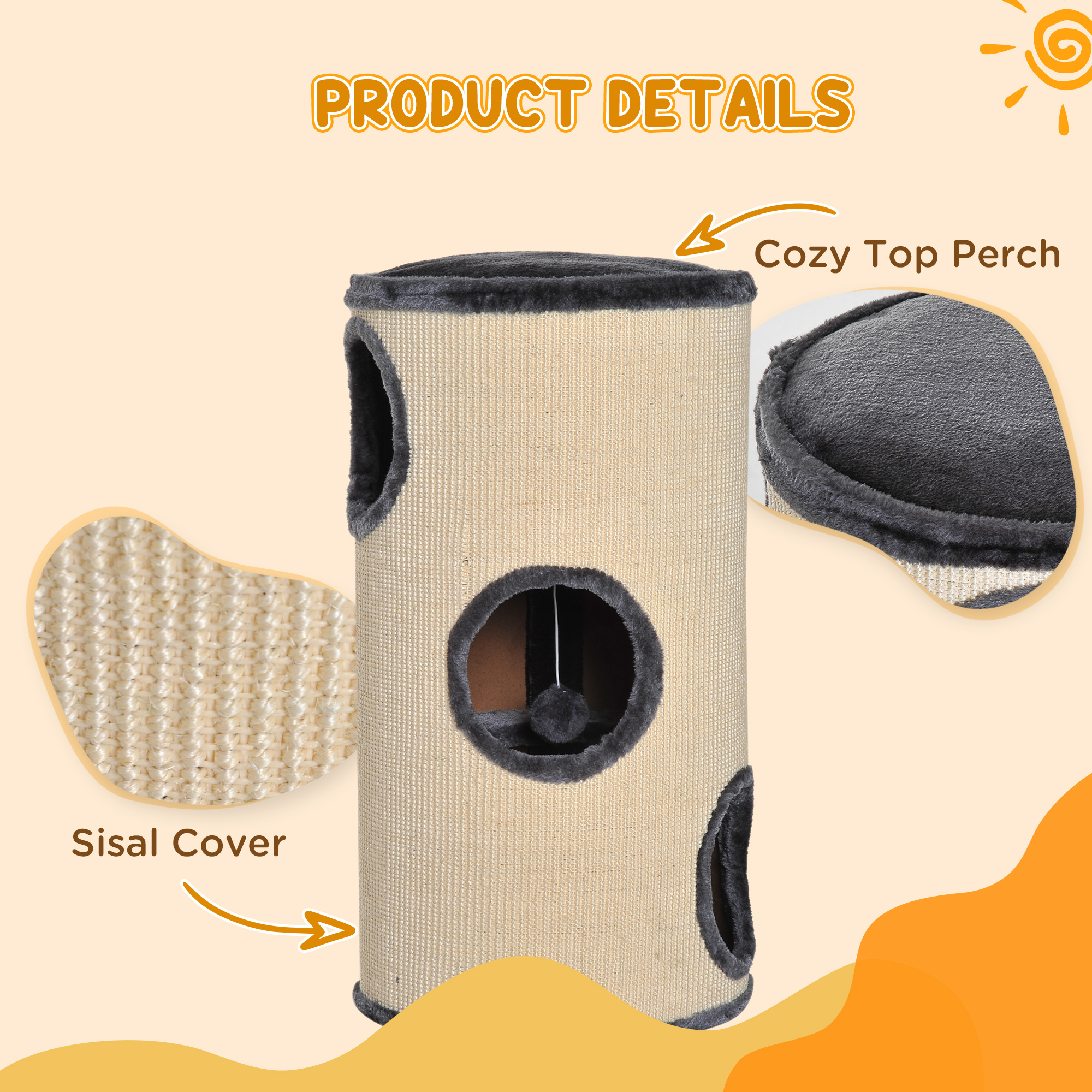 PawHut 70cm Height Cat Post Tree Scratching Barrel Sisal Activity Center Condo Kitten Bed Scratcher Climbing Climber Play House for Indoor Cats 5