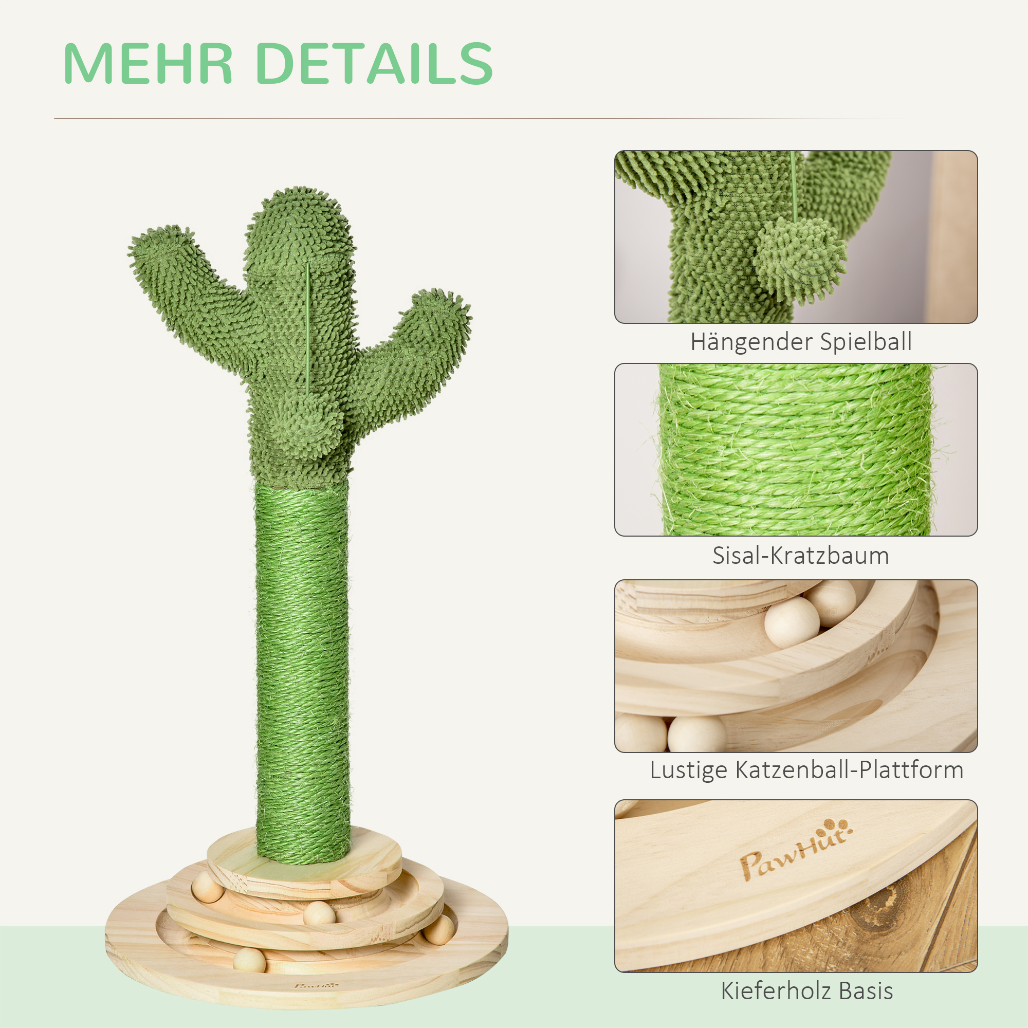 PawHut Katzen Kratzbaum Kaktus Katzenbaum Kiefernholz Sisal Seil Kratzstamm  mit Holzkugel-Katzenspielzeug fr Katzen 60 cm Hoch Grn+Natur | Aosom.de