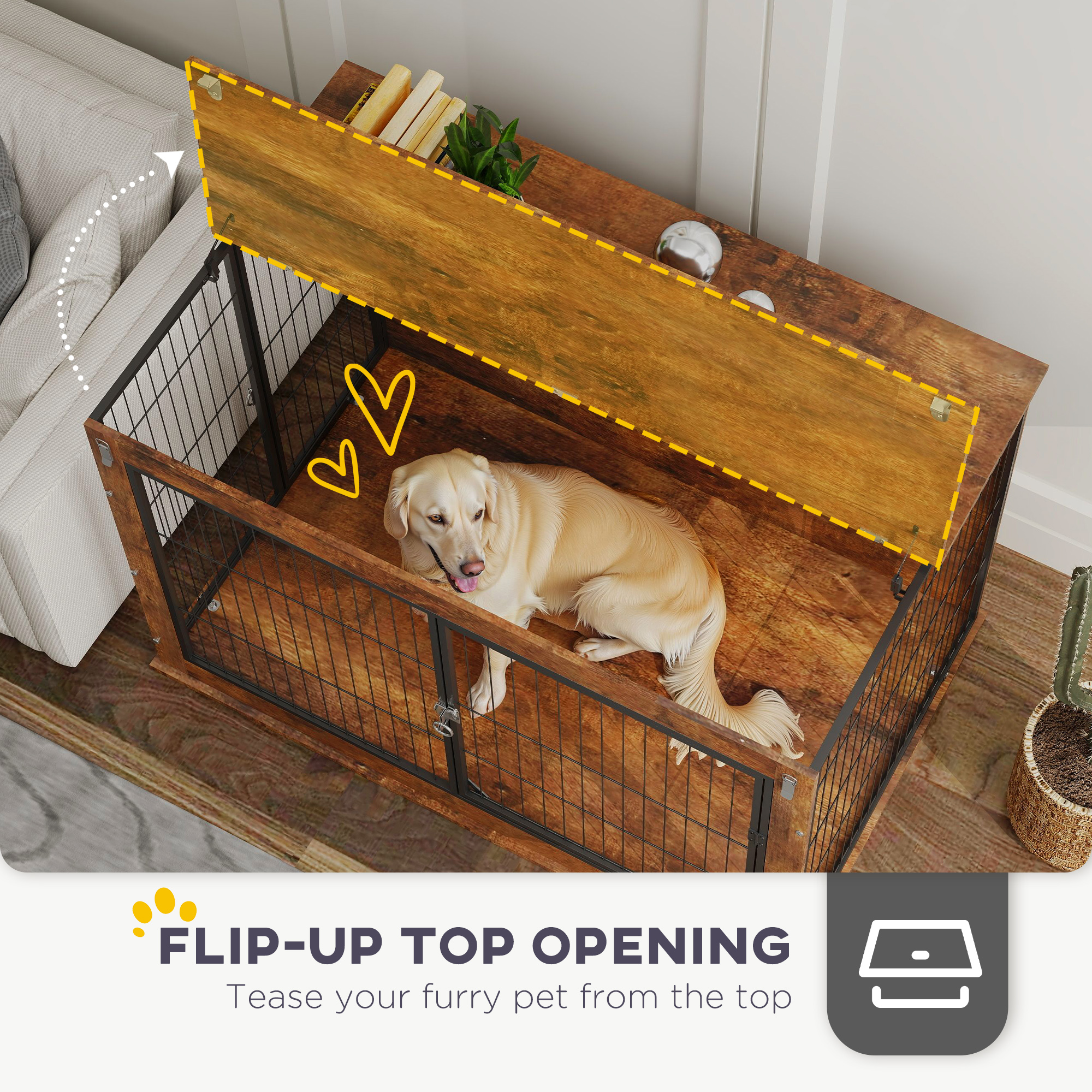 PawHut Dog Crate Furniture with Openable Top, Two Doors, for Extra Large Dogs, Rustic Brown 5