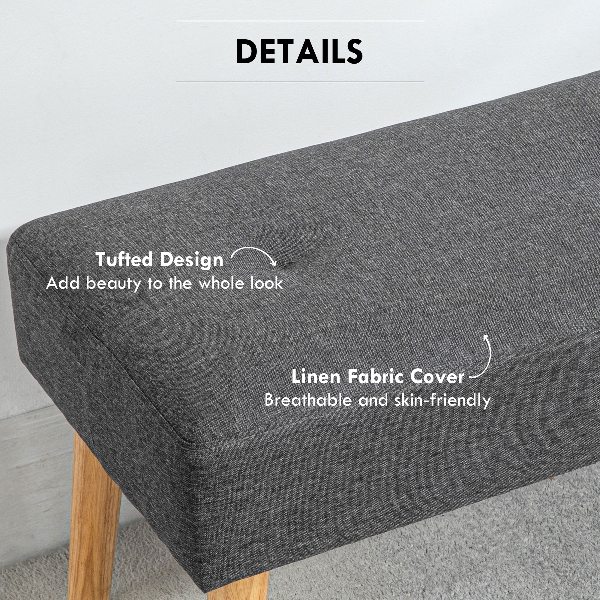 HOMCOM Multifunctional Bed End Bench Tufted Upholstered Shoe Bench Ottoman Footstool Linen Fabric for Entryway Living Room Grey 4