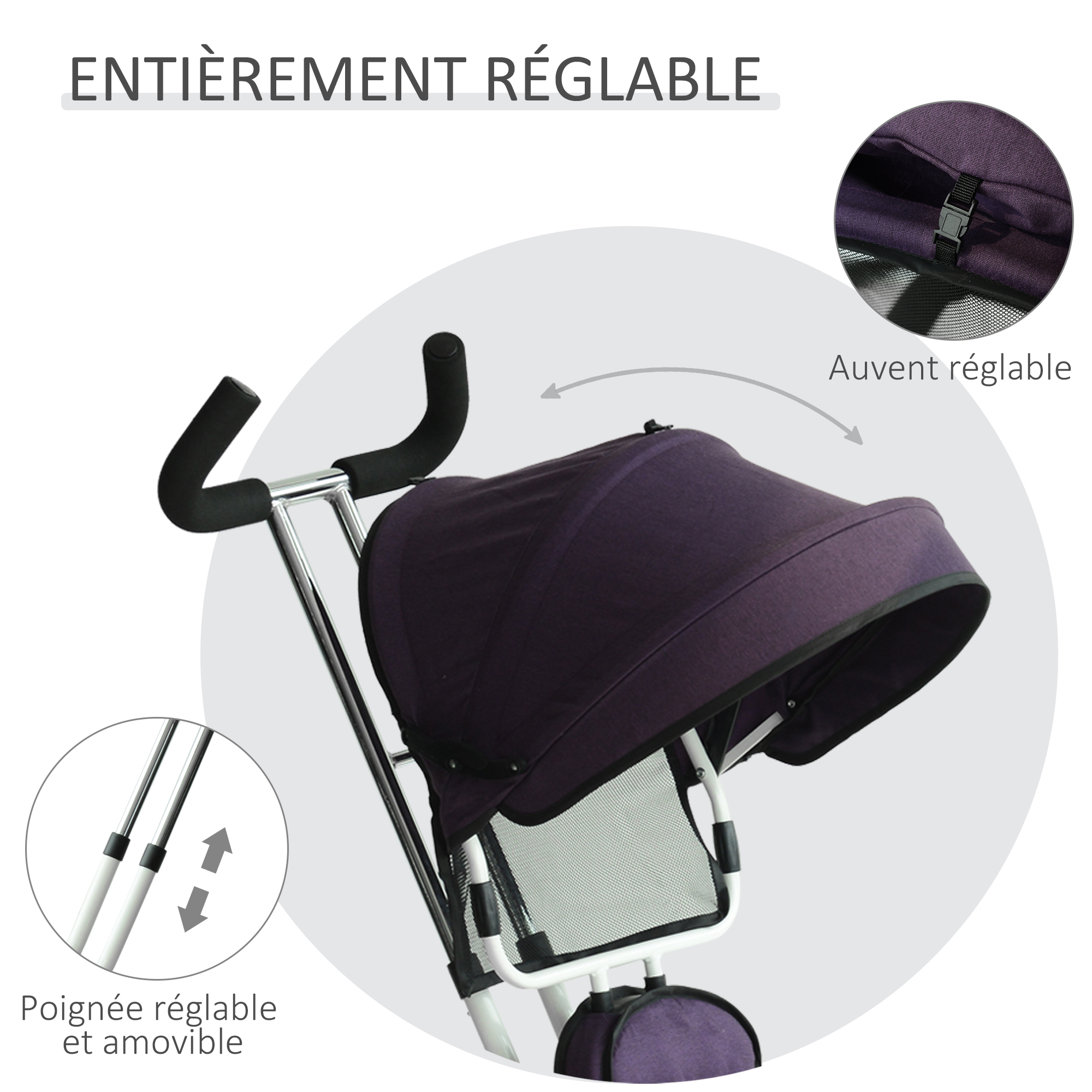 HOMCOM Tricycle enfant évolutif pare-soleil pliable canne télescopique