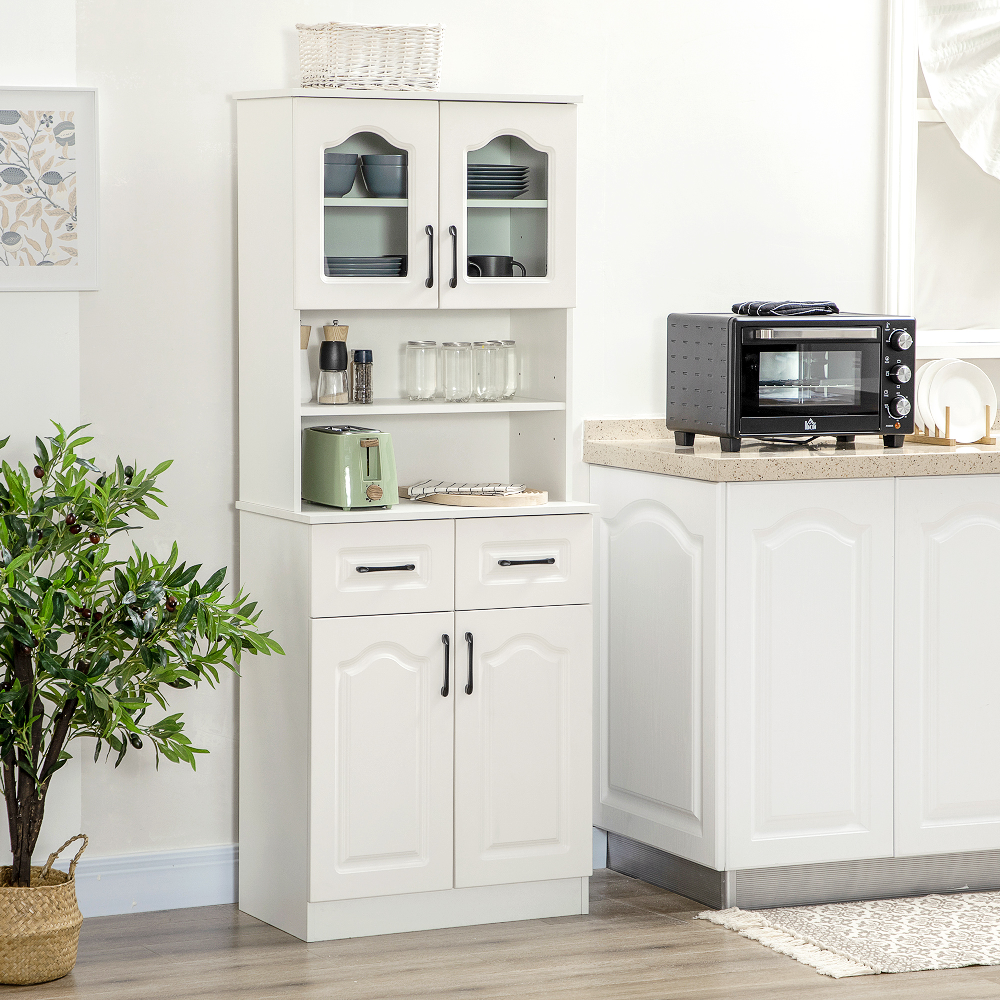 HOMCOM Kitchen Cupboard, Freestanding Storage Cabinet with 2 Adjustable Shelves, 2 Drawers and Open Counter for Living Room, Dining Room, 168cm, White 2