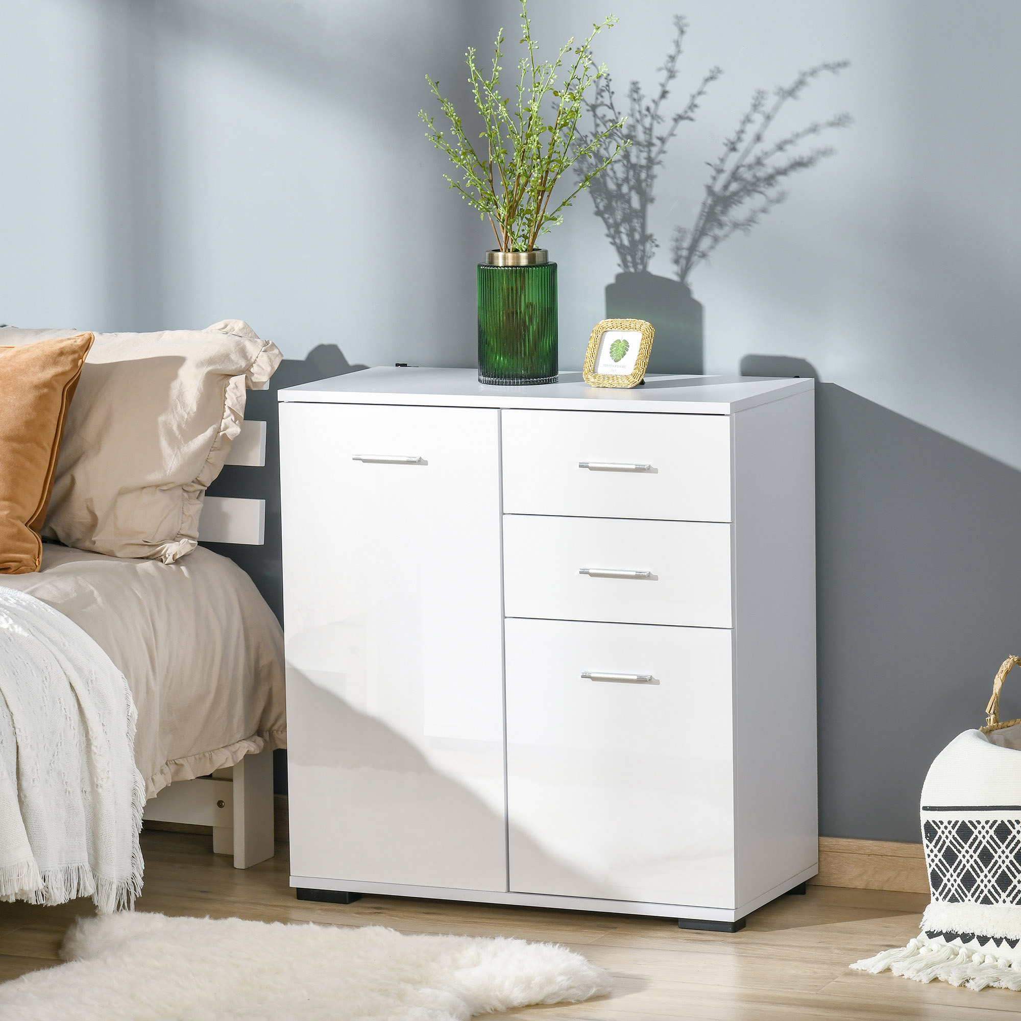 HOMCOM Sideboard, Modern Storage Cabinet with 2 Drawers, 2 Doors and Adjustable Shelf, Kitchen Cabinet for Living Room, Dining Room, High Gloss White 2
