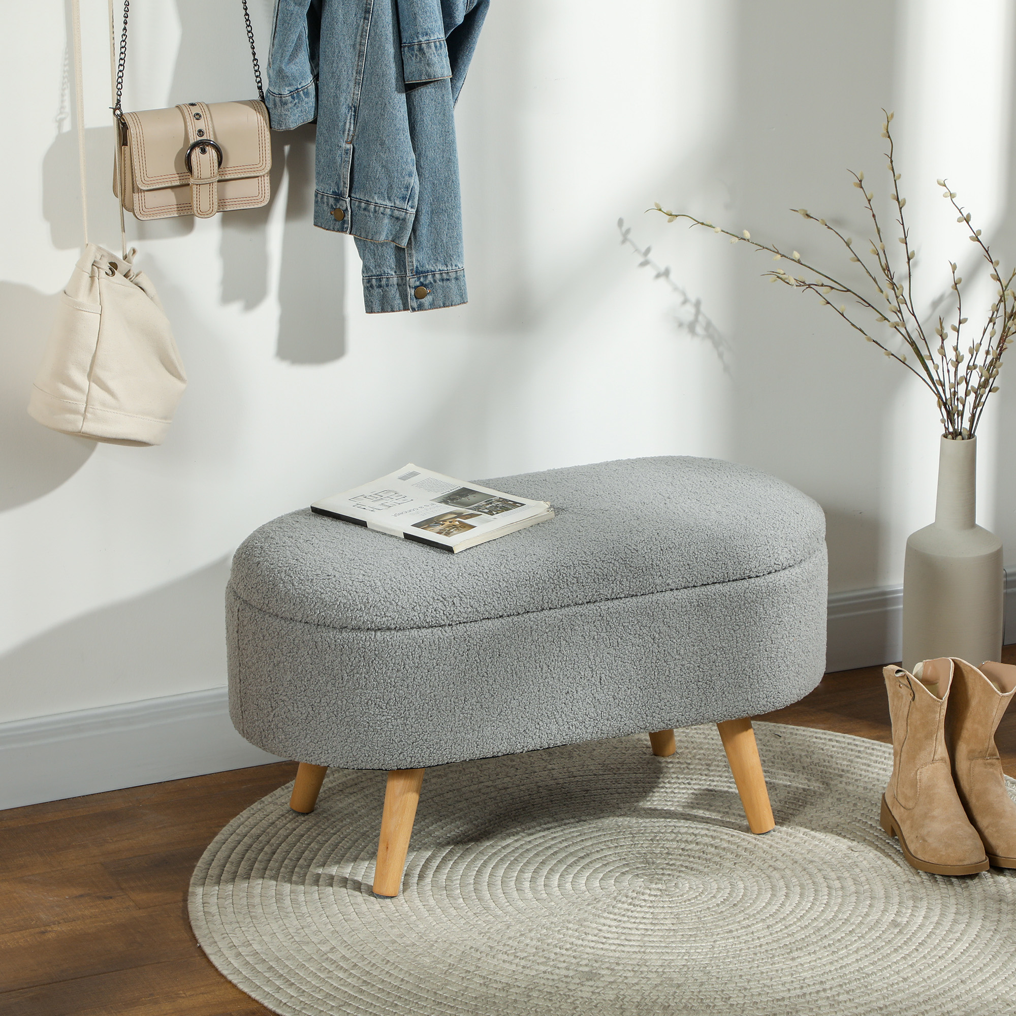 HOMCOM Teddy Fleece Storage Ottoman Grey 2