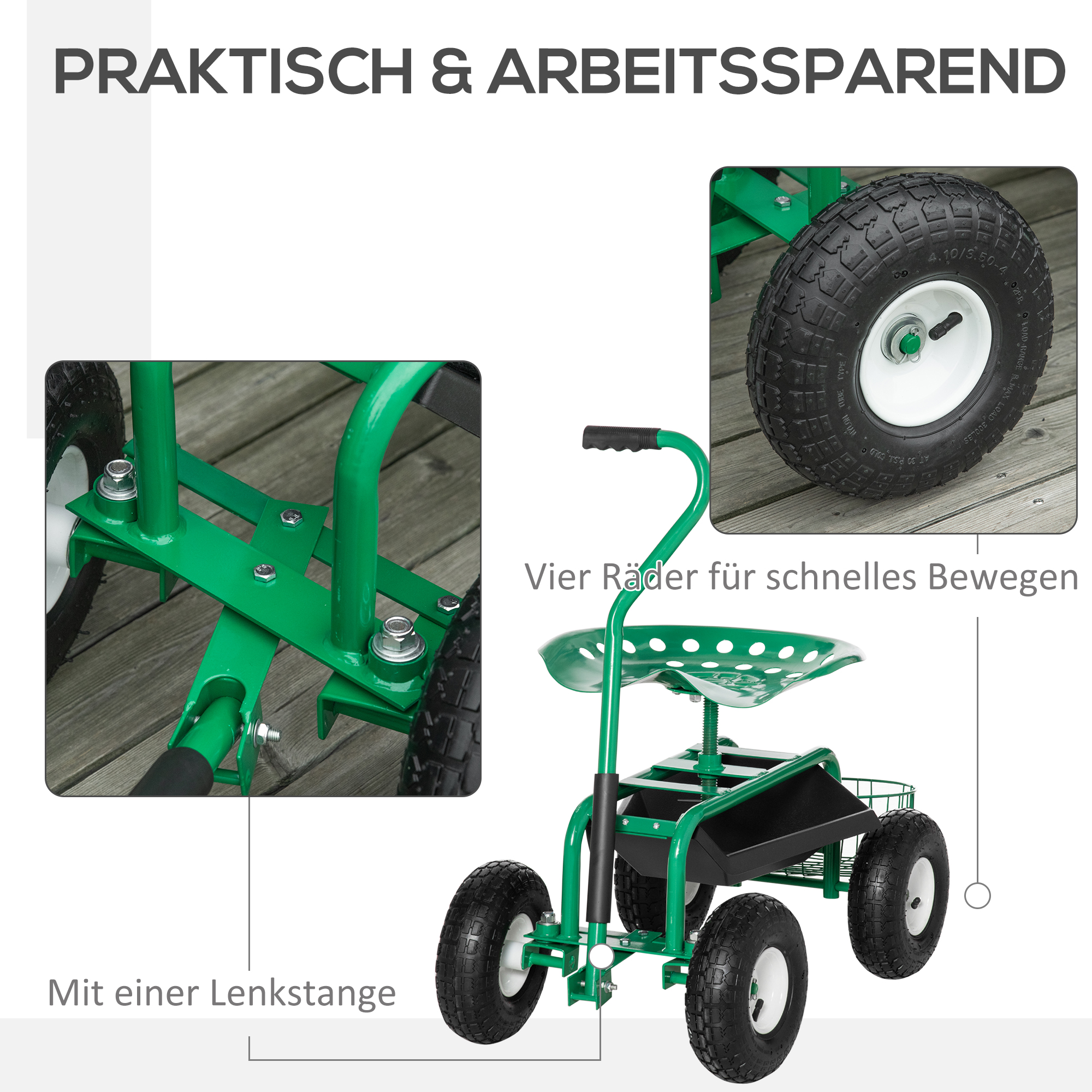 Aiakäru veereva istmega (kuni 150 kg) koos hoiukorviga väikeste aiatööriistade jaoks, mobiilne töökojakäru, juhitav aiaiste, istme kõrgus reguleeritav vahemikus 46-59 cm, metall, kumm, roheline