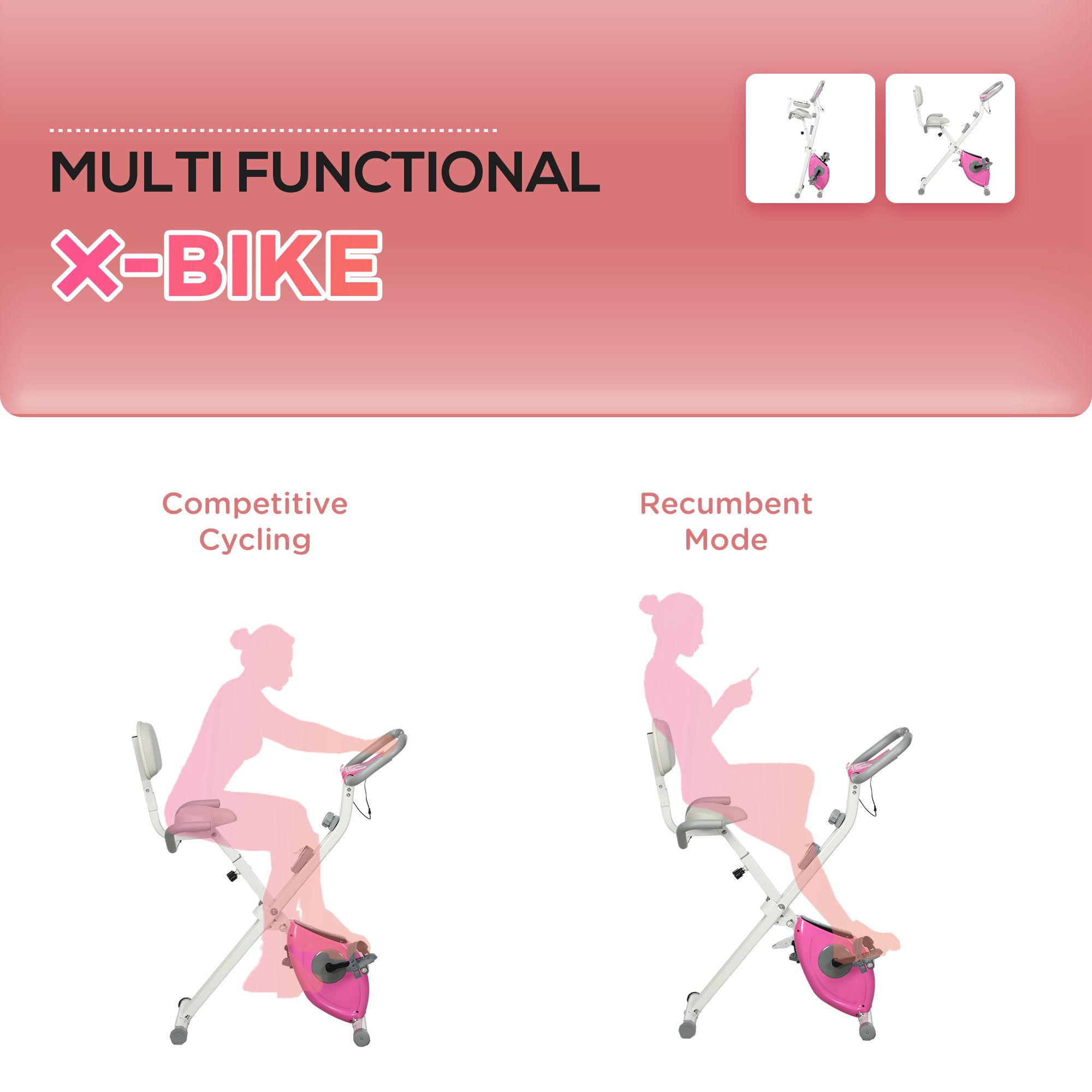 HOMCOM Folding Exercise Bike, with Adjustable Magnetic Resistance, Seat Height White and Pink 8