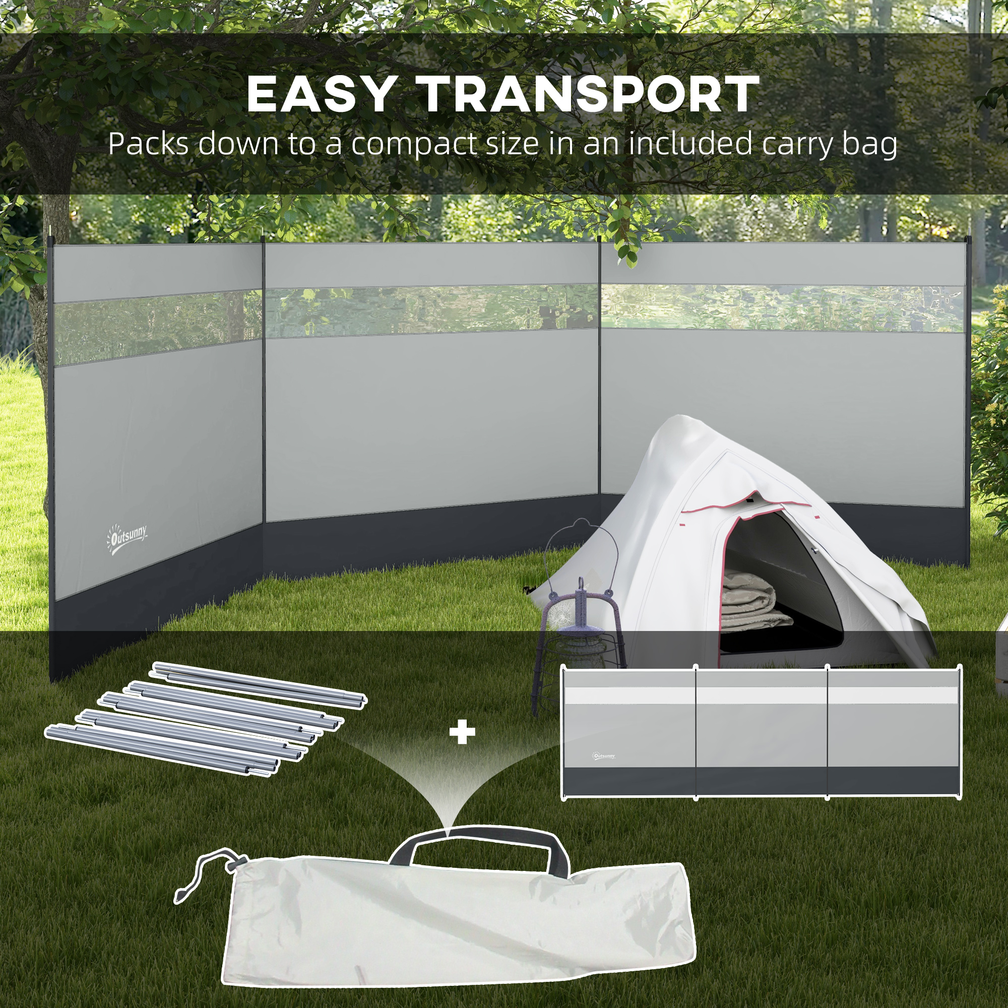 Outsunny Camping Windbreaker with Clear Windows, Carry Bag and Steel Poles, for Beach Caravan Campervan, 440 x 140cm, Grey 7