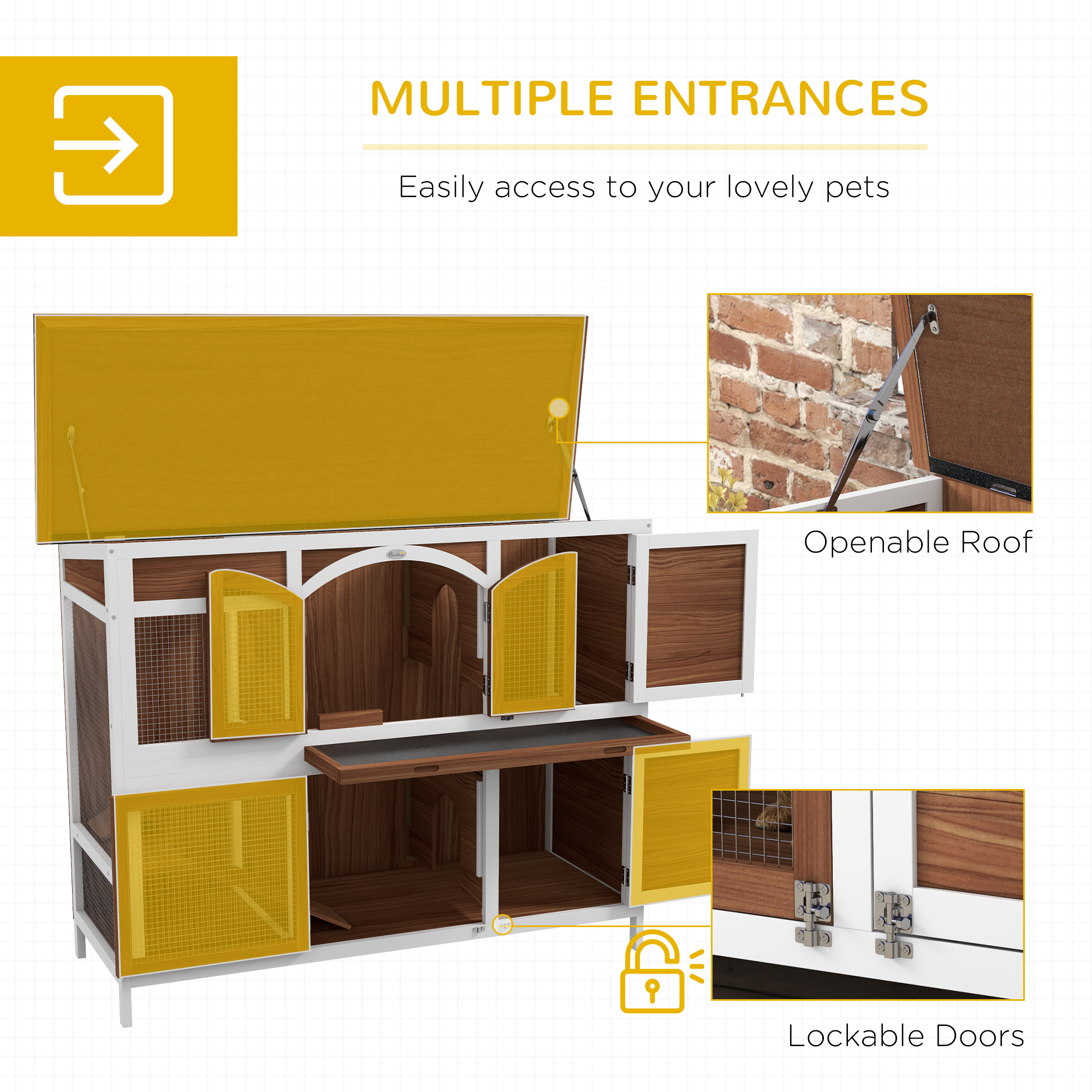 PawHut Two-Tier Wooden Pet Hutch with Openable Roof, Slide-Out Tray 5