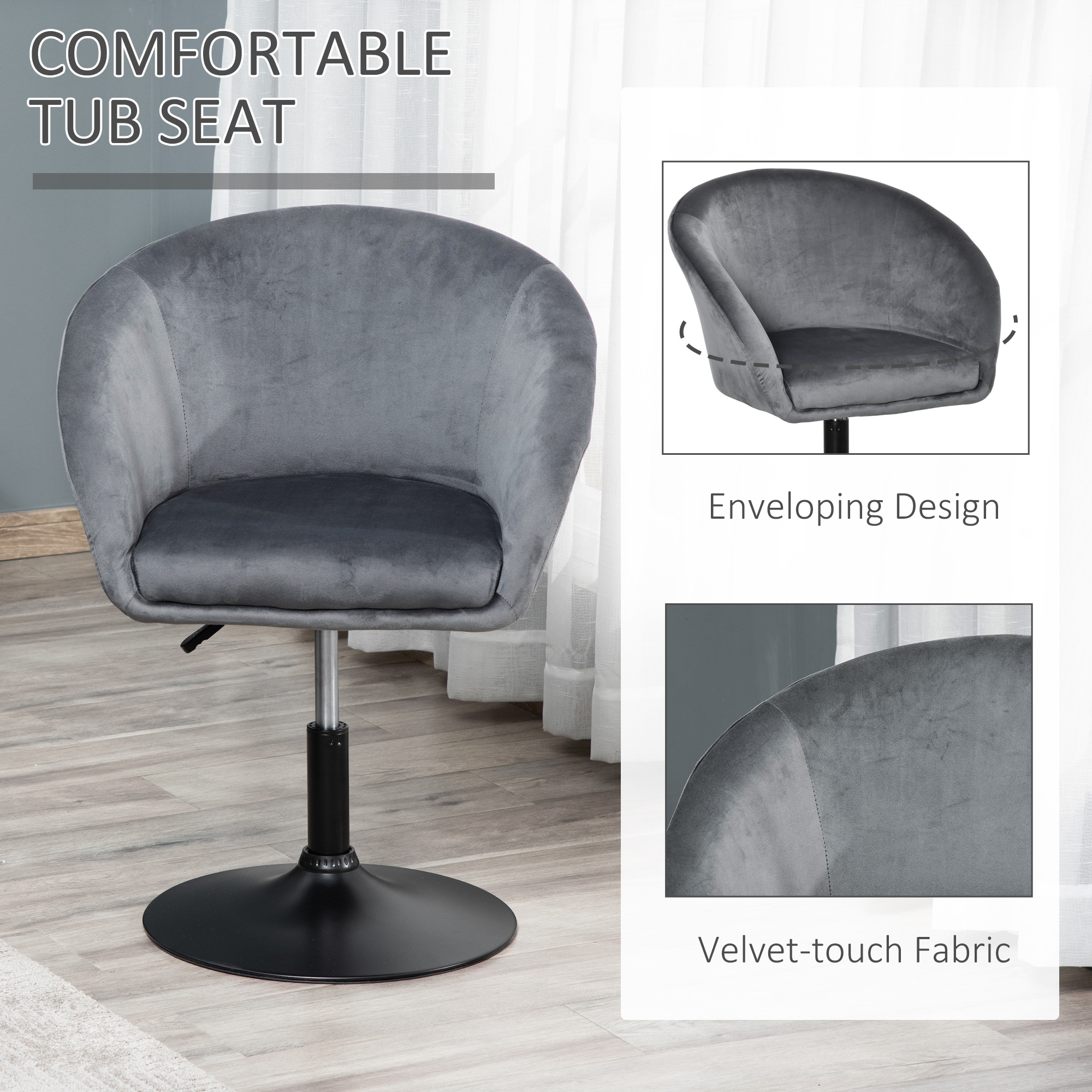 HOMCOM Dressing Table Chair, 360° Swivel Velvet-feel Upholstered Vanity Chair with Tub Seat, Back, Adjustable Height for Bedroom Makeup, Grey 4
