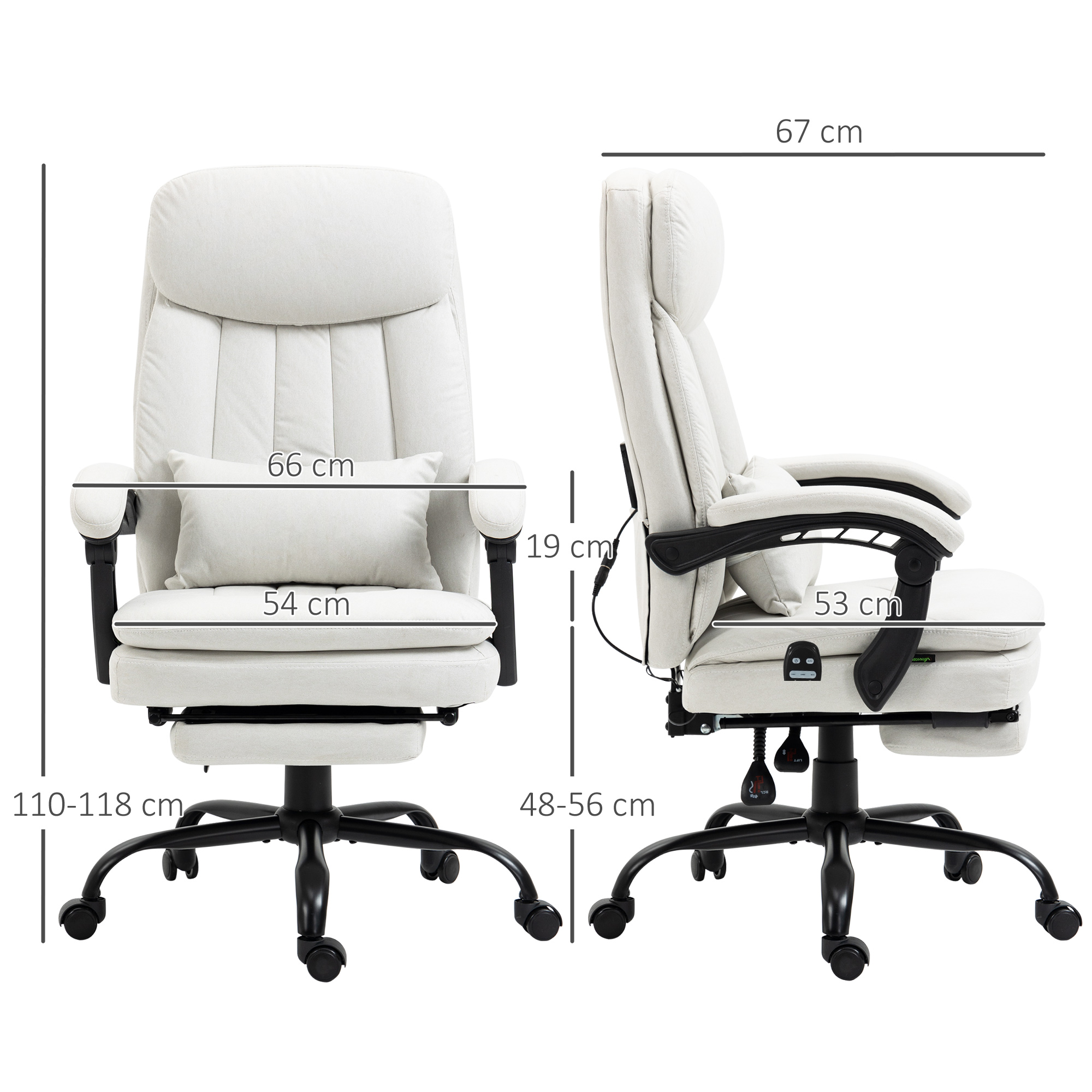 Vinsetto Office Chair, Ergonomic Desk Chair with 6-Point Vibration Massage and Lumbar Heating, Computer Chair with Lumbar Support Pillow, 155° Reclining Back and Footrest, Cream White 3