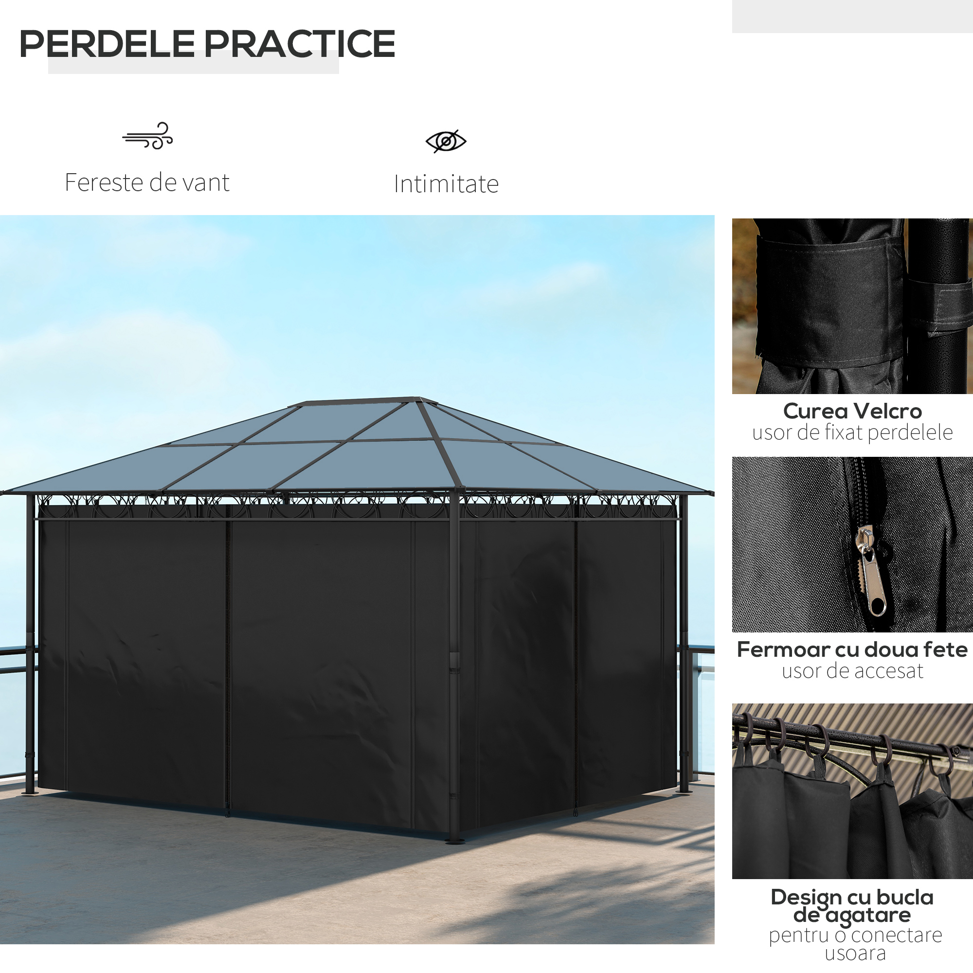 Outsunny Hardtop Gazebo Garden Pavilion with UV Resistant Polycarbonate Roof, Curtains, Steel & Aluminium Frame, 3 x 4m, Grey 5