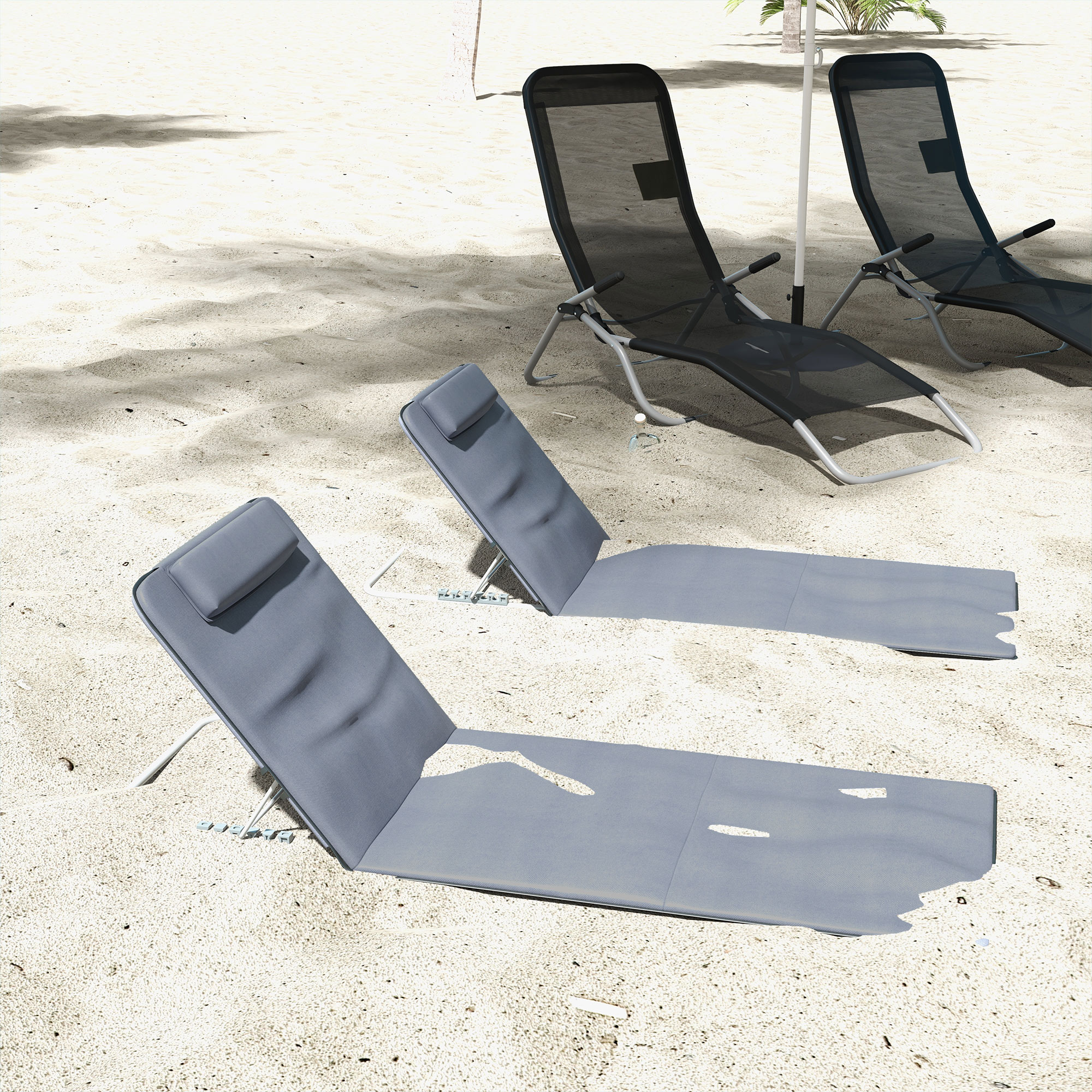 Outsunny Set of 2 Foldable Garden Beach Chair Mat Lightweight Outdoor Sun Lounger Seats Adjustable Back Metal Frame PE Fabric Head Pillow w/ Carry Bag,Grey 9
