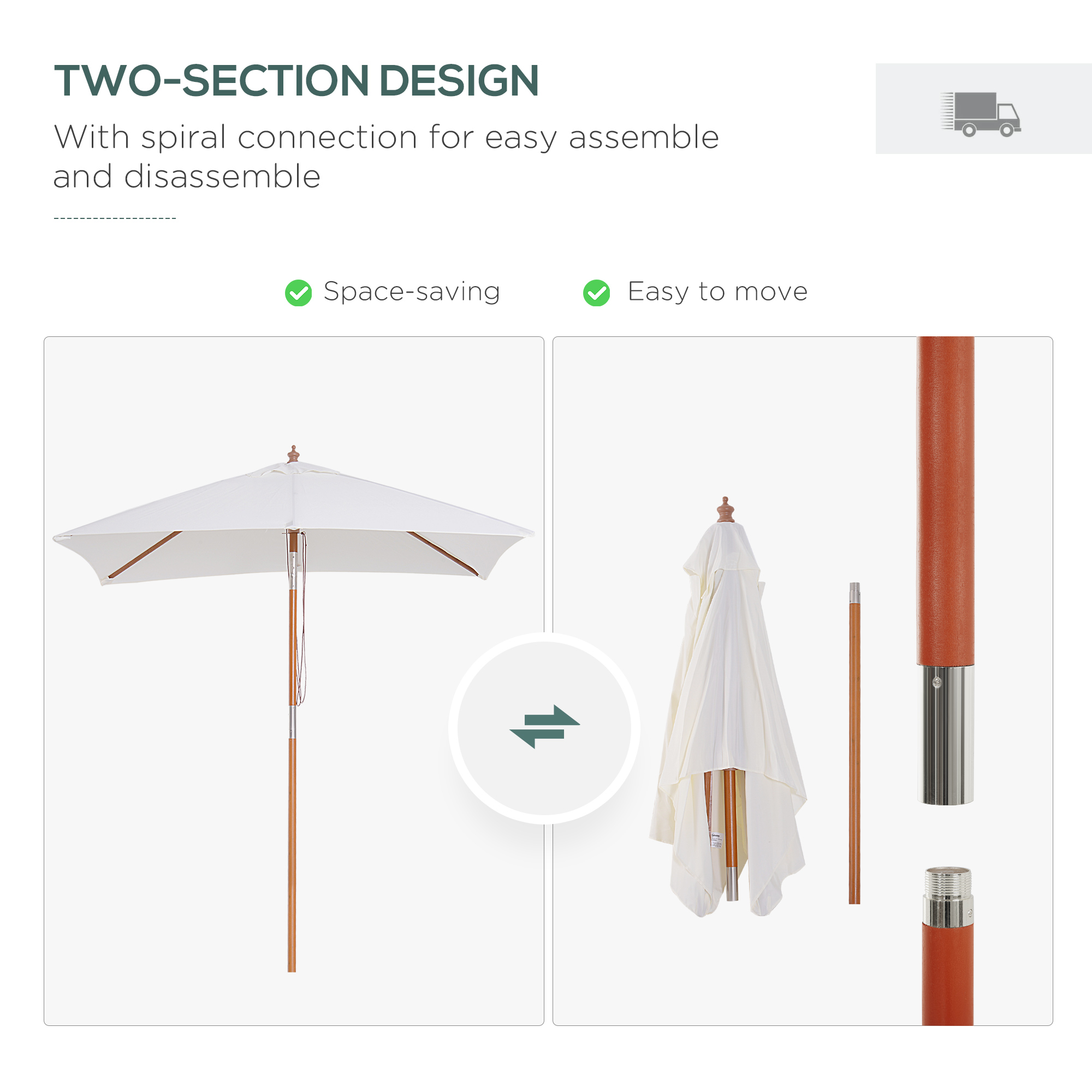 Outsunny 2m x 1.5m Garden Parasol Umbrella with Tilting Sunshade Canopy, Outdoor Market Table Umbrella with Wood and Bamboo Frame, Cream White 7