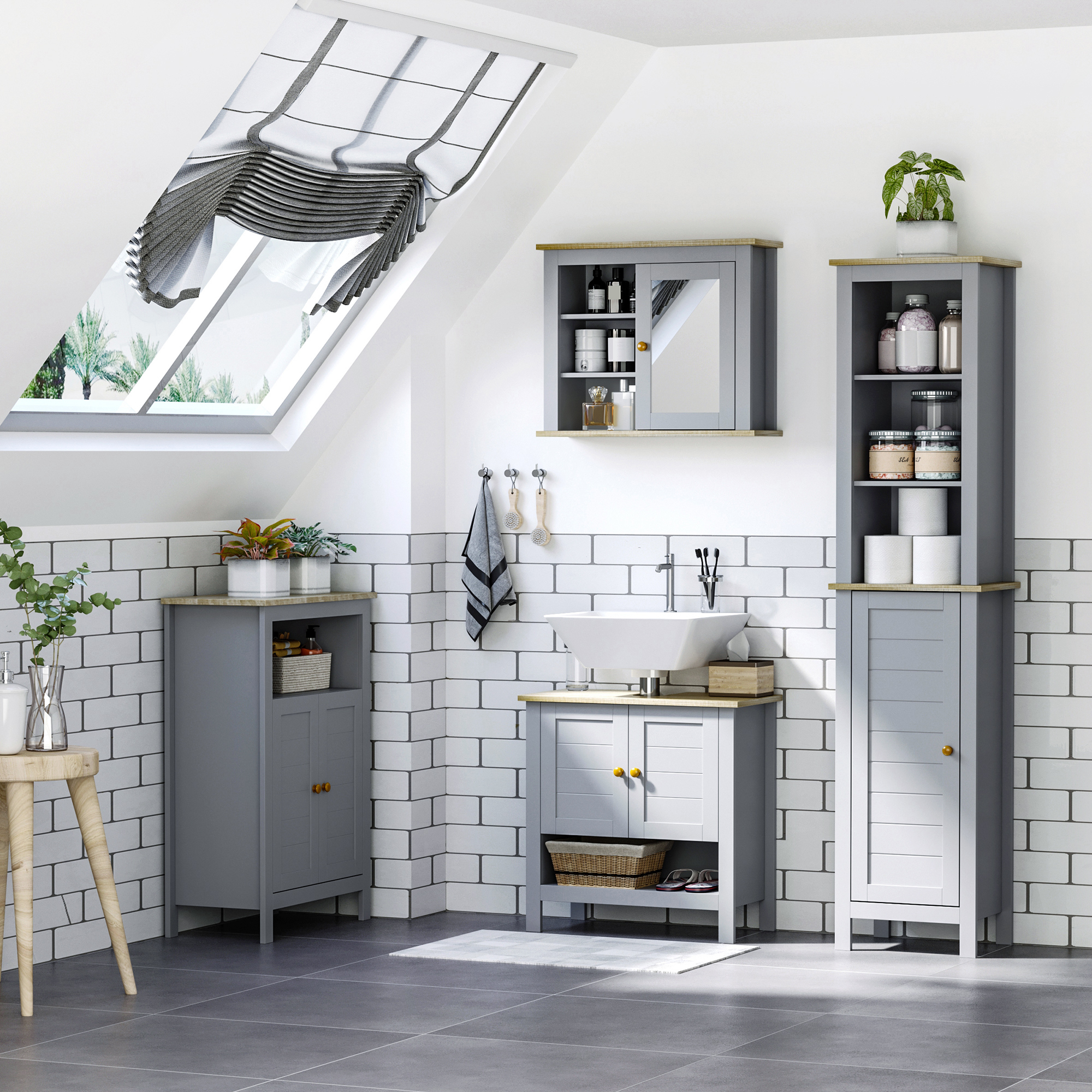 kleankin Bathroom Wall Mirror Cabinet, Cupboard with Door, Storage Cabinet with Adjustable Shelf for Corridors Living Rooms, Grey 4