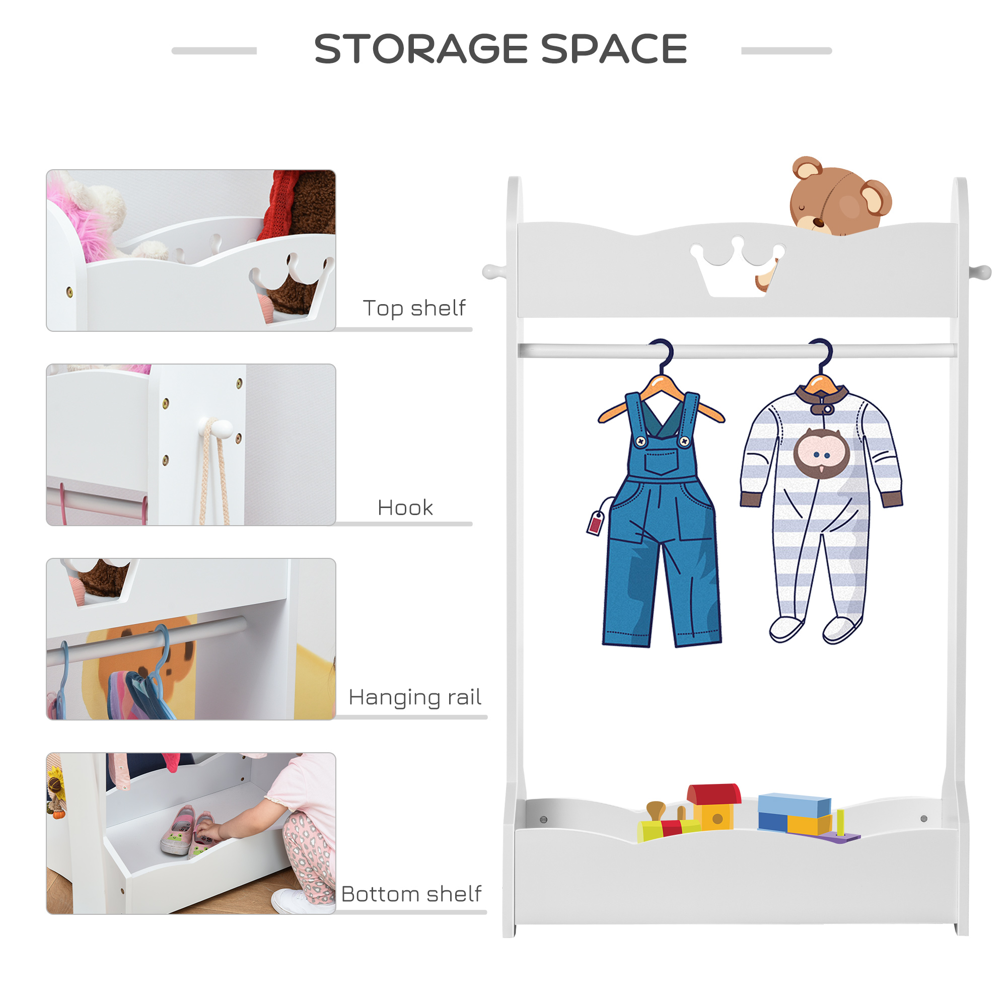 HOMCOM Kids Clothes Rail and Mirror Set 360° Rotation Free Standing Full Length Mirror and Hanging Rack with Storage Shelves Child's Dressing Mirror Garment Wardrobe White 4