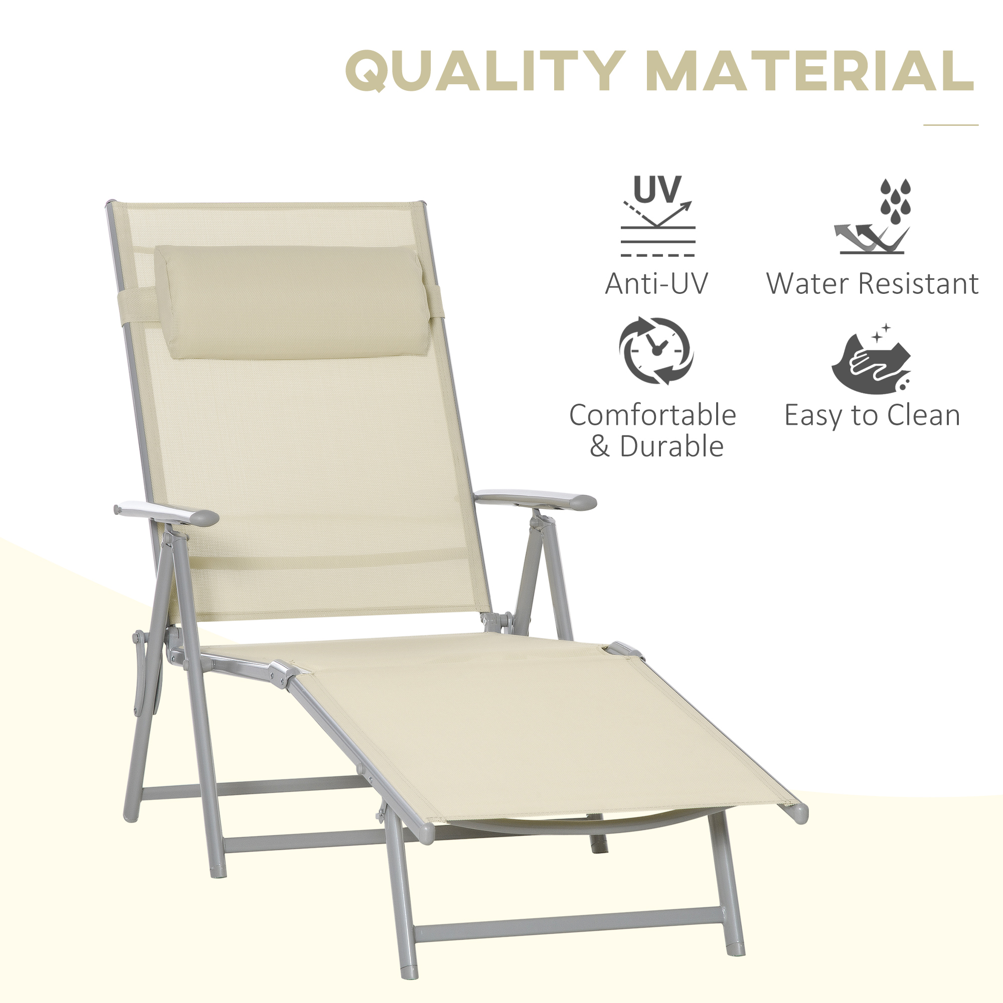 Outsunny Steel Fabric Sun Lounger Outdoor Folding Chaise Lounge Chair Recliner with Portable Design & 7 Adjustable Backrest Positions Beige 4