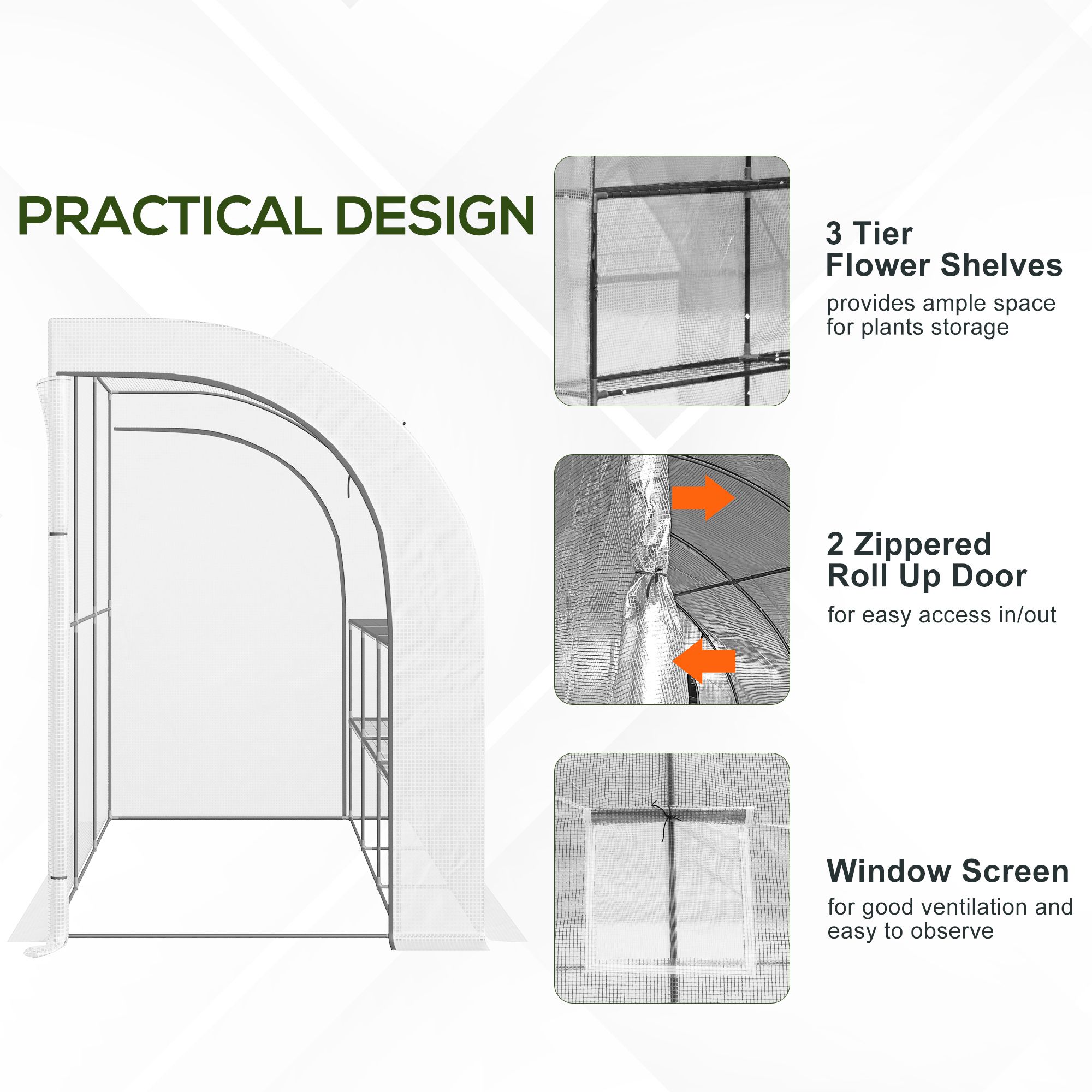 Outsunny Outdoor Walk-In Greenhouse, Plant Nursery with Zippered Doors, PE Cover and 3-Tier Shelves, White, 300 x 150 x 213 cm 7