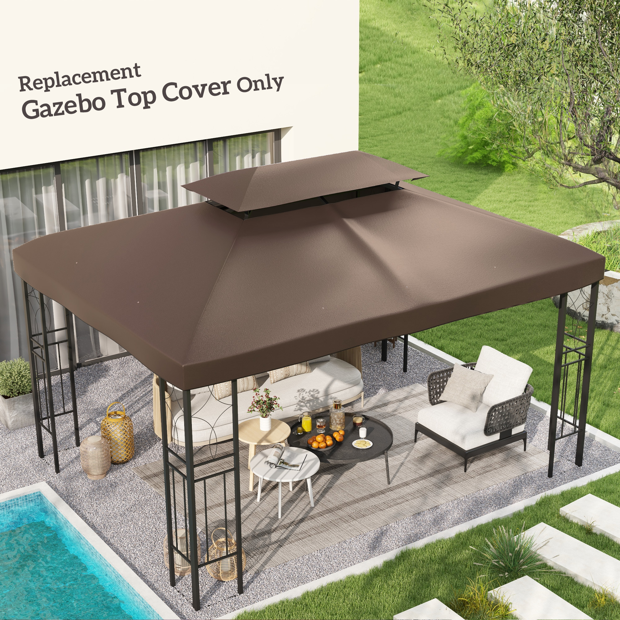 Outsunny 3x4m Gazebo Replacement Roof Canopy 2 Tier Top UV Cover Garden Patio Outdoor Sun Awning Shelters, Brown  (TOP COVER ONLY) 2