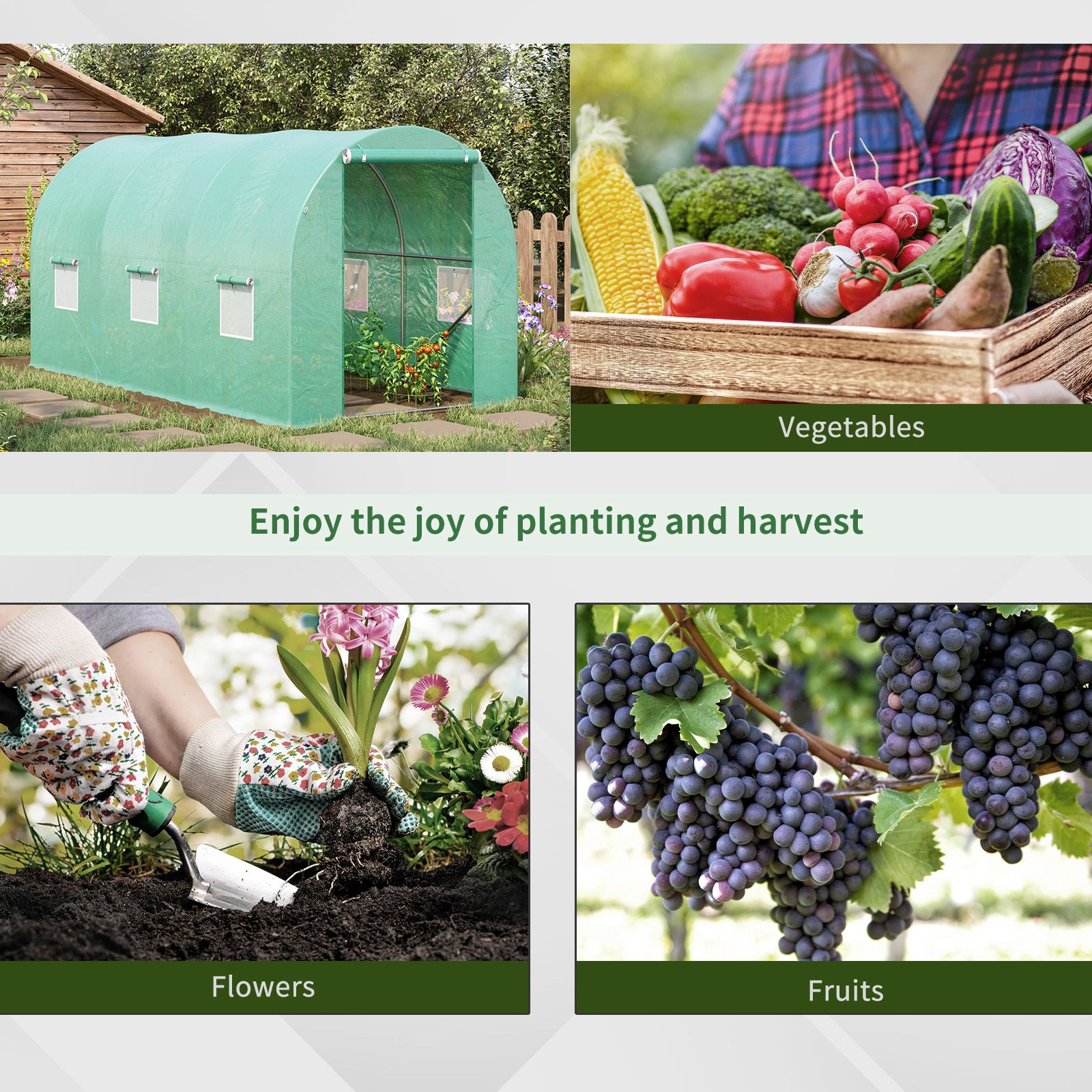 Outsunny 4 x 2 x 2 m Polytunnel Greenhouse with Roll-up Door and 6 Mesh Windows, Walk-in Garden Tunnel Warm House Tent with UV-resistant PE Cover and Galvanised Steel Frame, Green 7