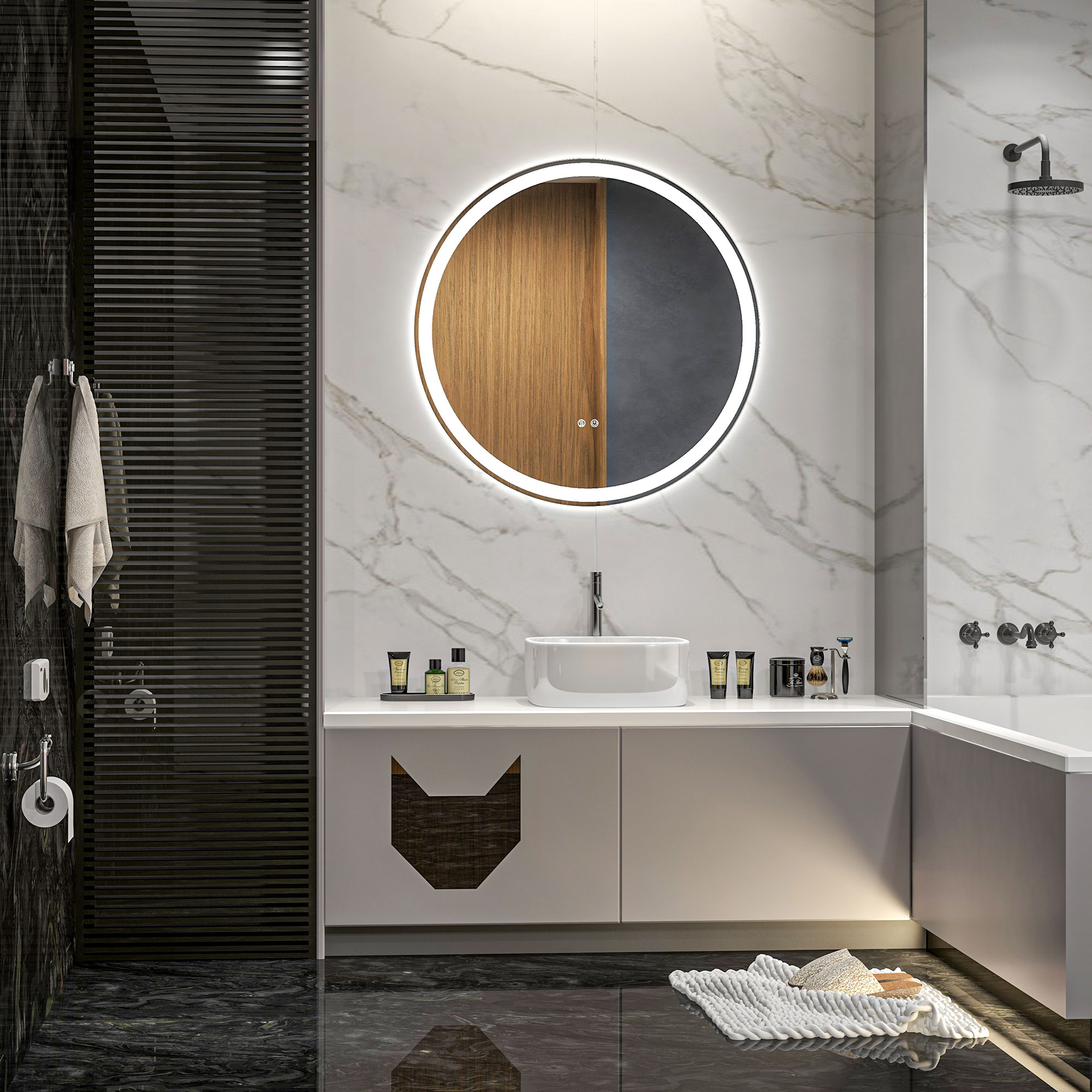 kleankin Round Bathroom Mirror with LED Lights, Wall Mount Dimmable Makeup Mirror with 3 Temperature Colours, Defogging Film and Memory Function, Frameless, Hardwired, 70 x 70 cm 2
