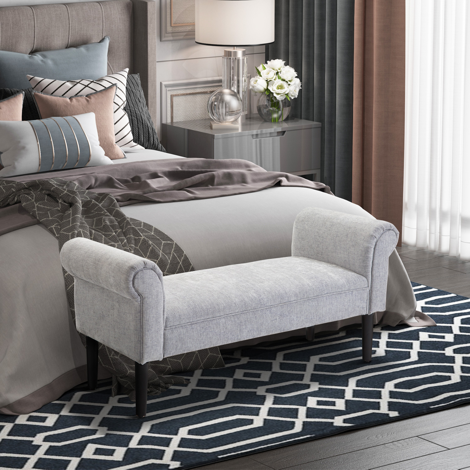 HOMCOM Bed End Bench, Window Seat, Linen Chaise Lounge Sofa with Arm and Wooden Legs for Bedroom, Living Room, Grey 2