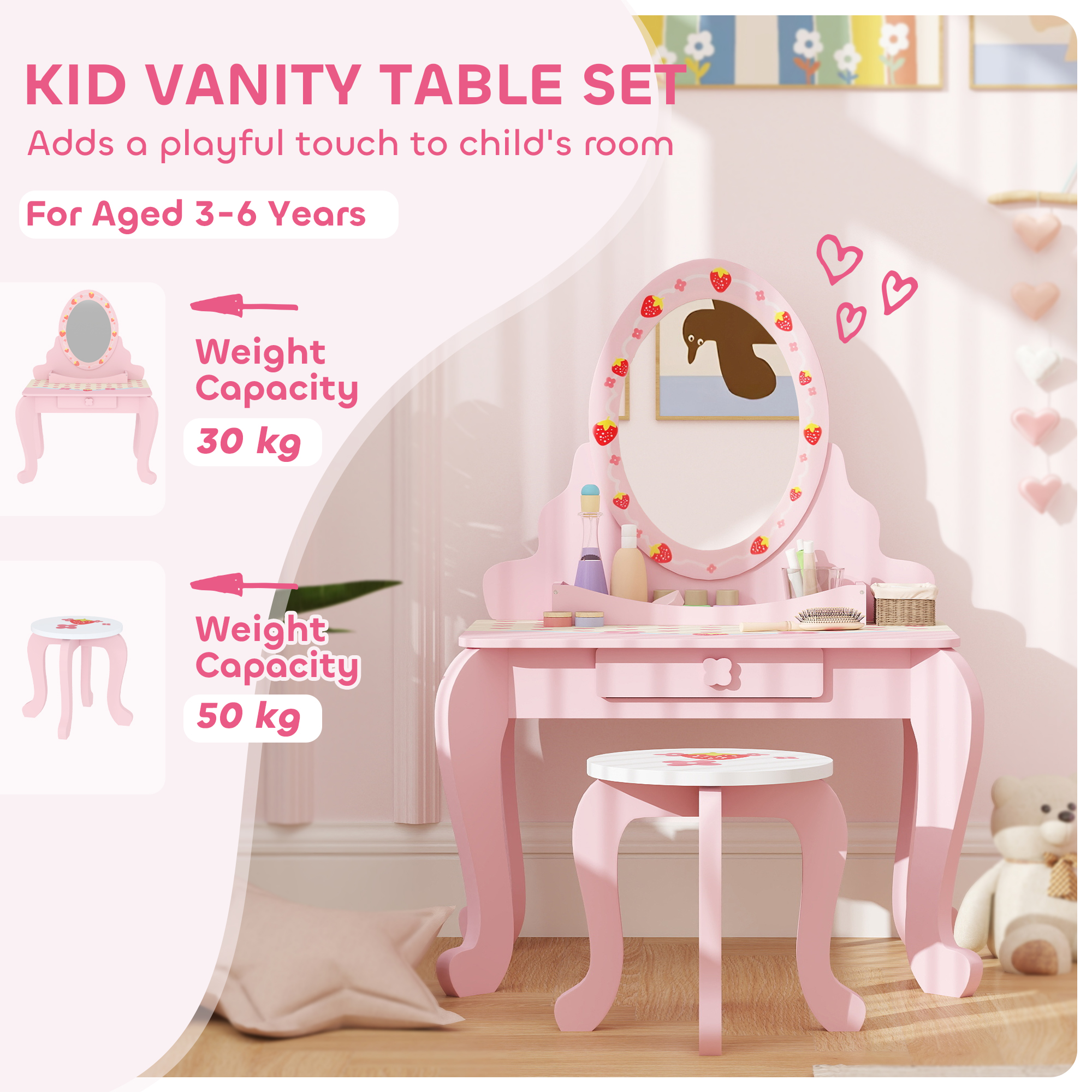 AIYAPLAY Kids Dressing Table Set, Vanity Table with Stool, Mirror, Drawer, Desktop, Storage, Strawberry-Theme, Pink 4