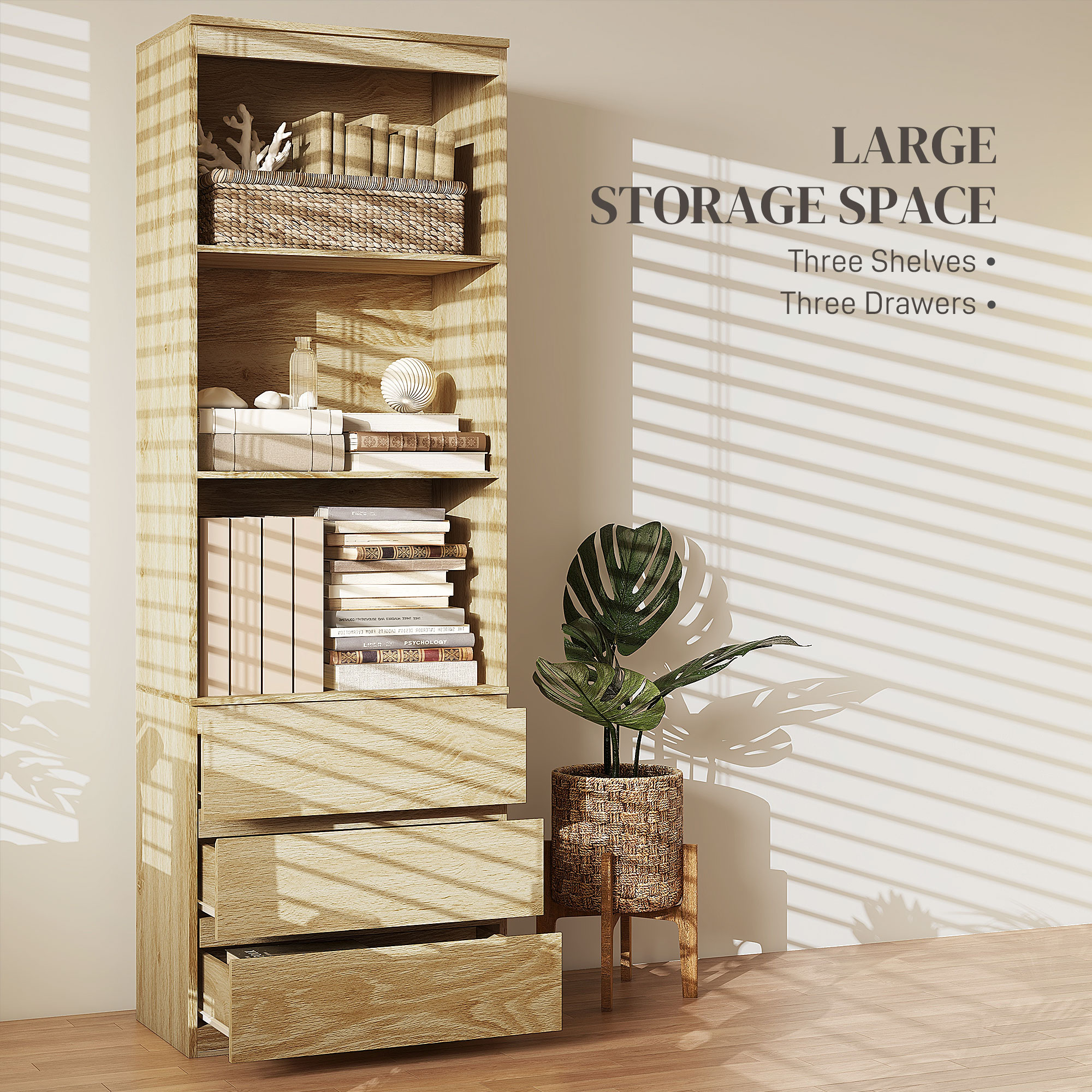 HOMCOM 180cm Tall Bookcase, with Shelves and Drawers Wood Effect 4