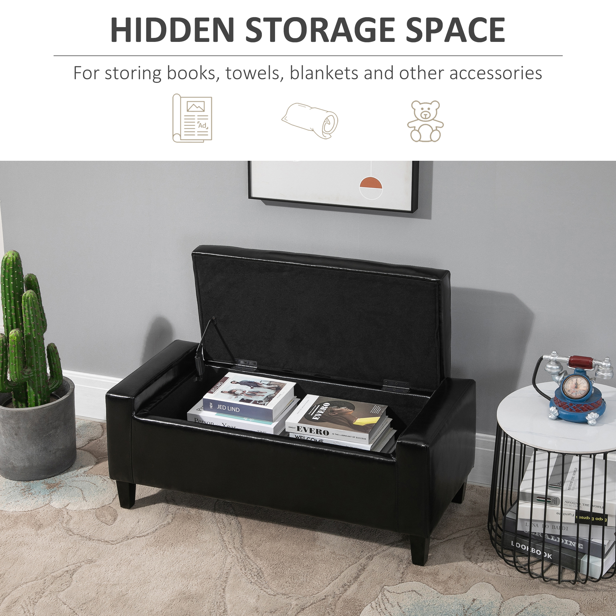 HOMCOM PU Leather Storage Ottoman Bench Storage Chest Tufted Ottoman Cube w/ Flipping Top 92L x 40W x 40H cm Black 4