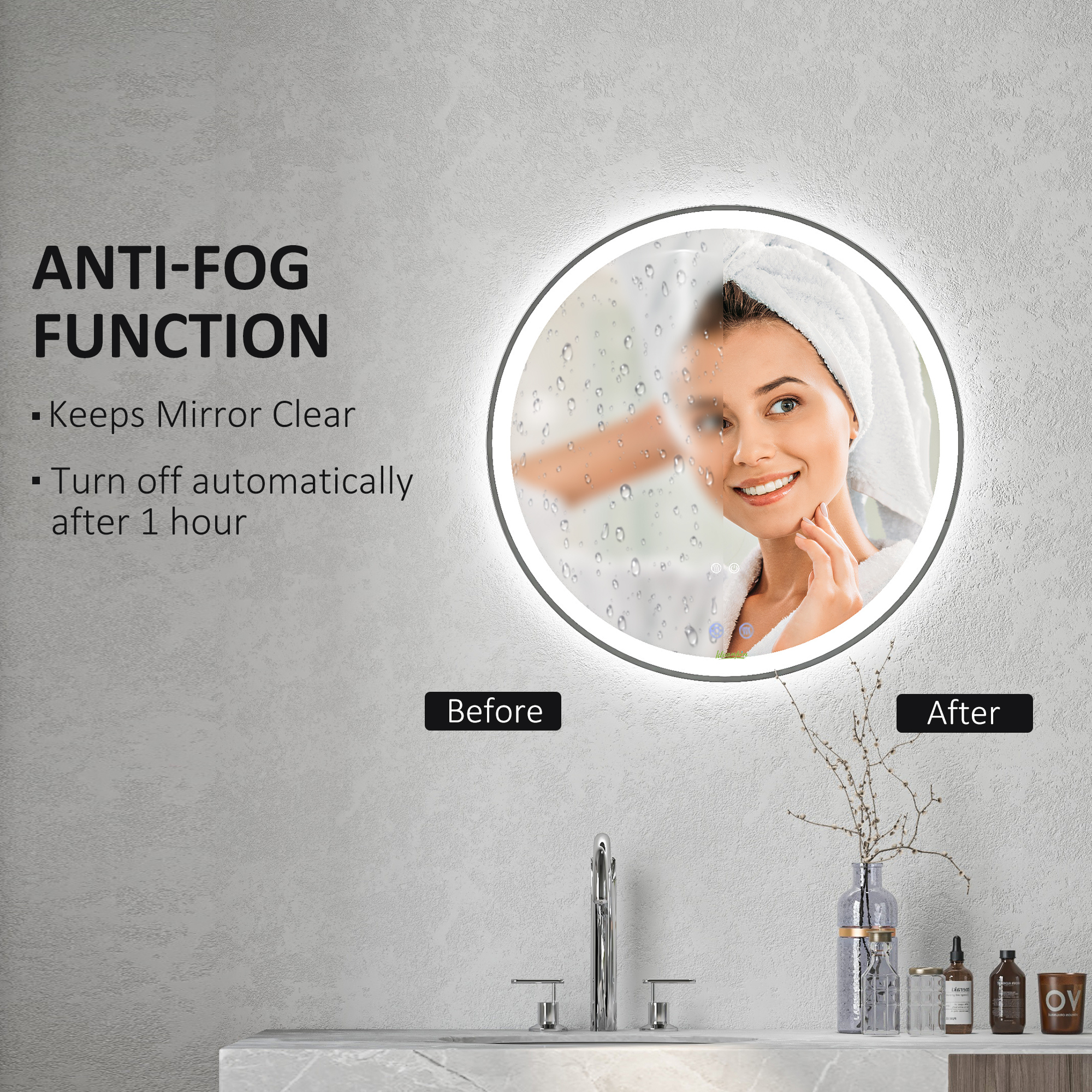 kleankin Round Bathroom Mirror with LED Lights, Wall Mount Dimmable Makeup Mirror with 3 Temperature Colours, Defogging Film and Memory Function, Frameless, Hardwired, 70 x 70 cm 6