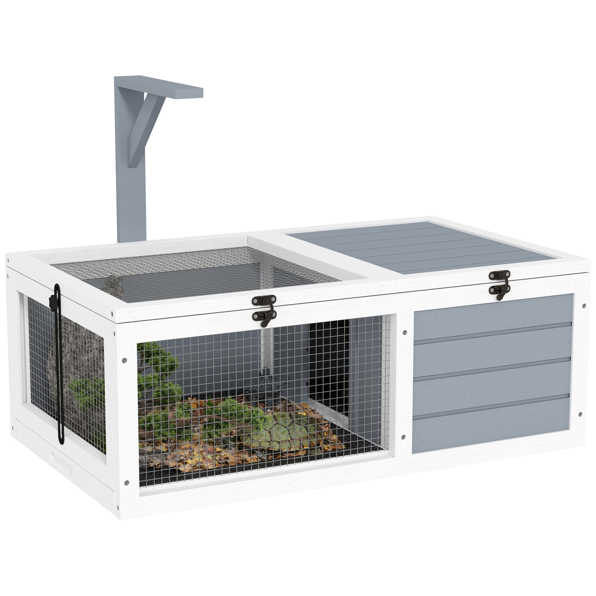 PawHut Wooden Tortoise House with Storage Cabinet, Openable Top, Lamp Holder, Windows, Light Grey