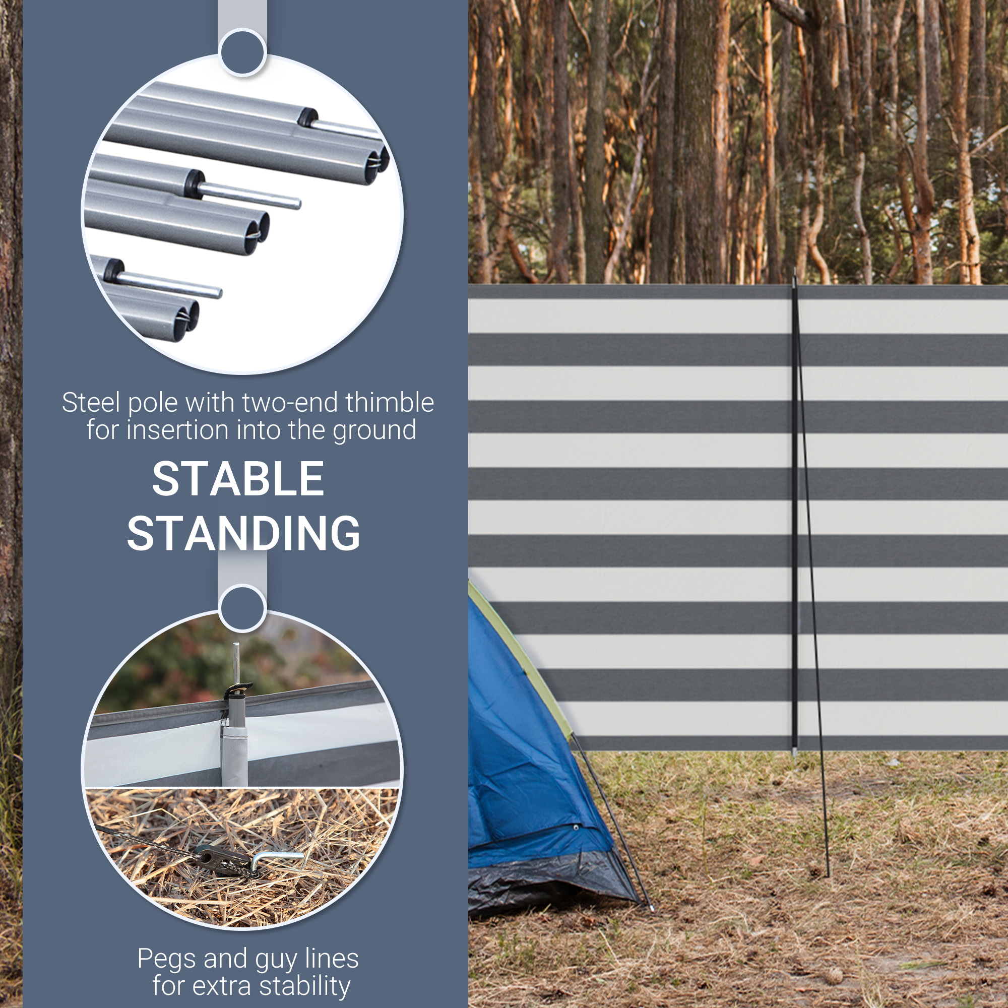Outsunny 4 Pole Camping Windbreaks, Beach Wind Shield Shelter with Carry Bag and Steel Poles, Outdoor Caravan Privacy Shield, 540cm x 150cm, Grey and White 5