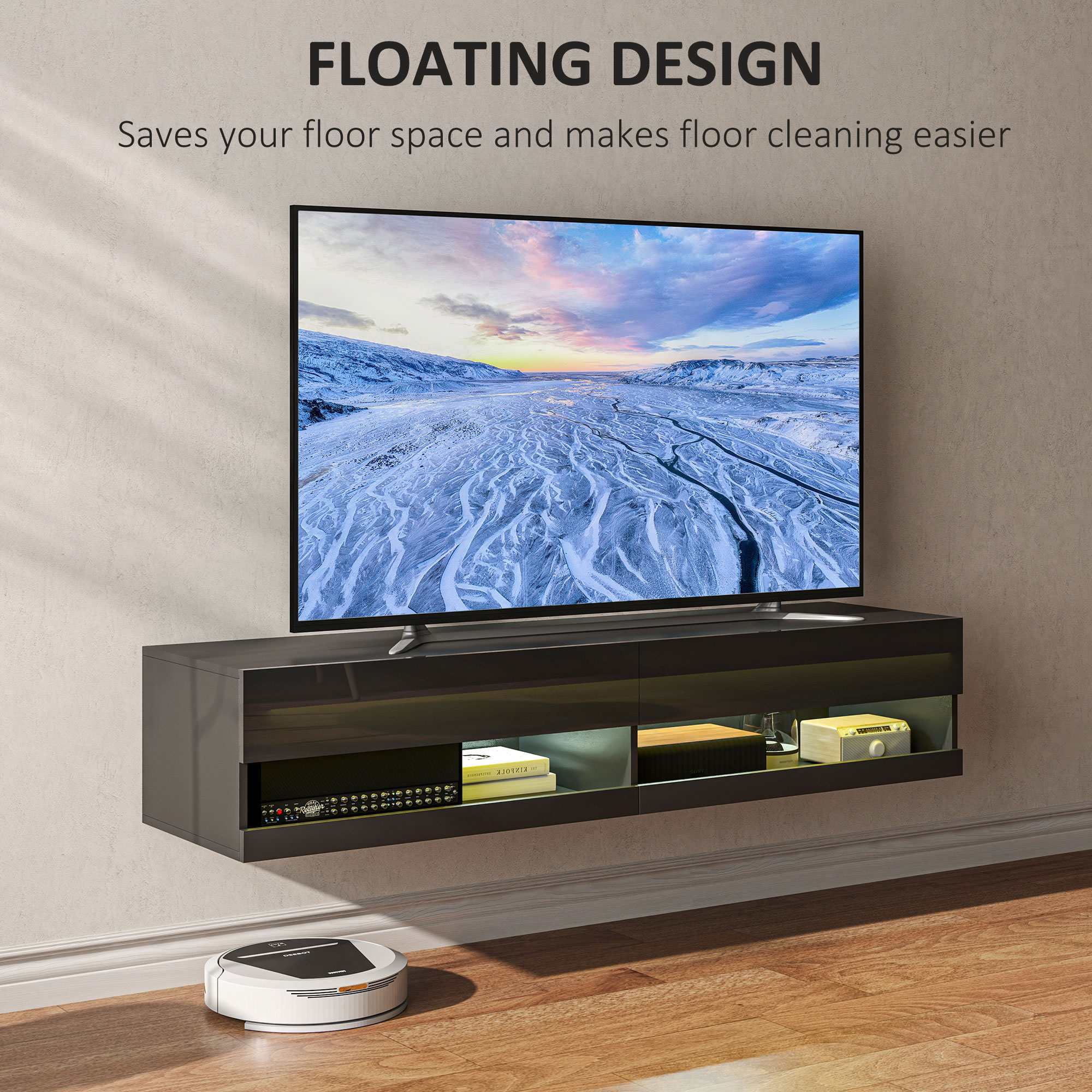 HOMCOM Floating TV Unit, Wall Mounted TV Cabinet for TVs up to 65", High Gloss Media Wall Unit with LED Lights, Storage Shelves for Living Entertainment Room, Black 4