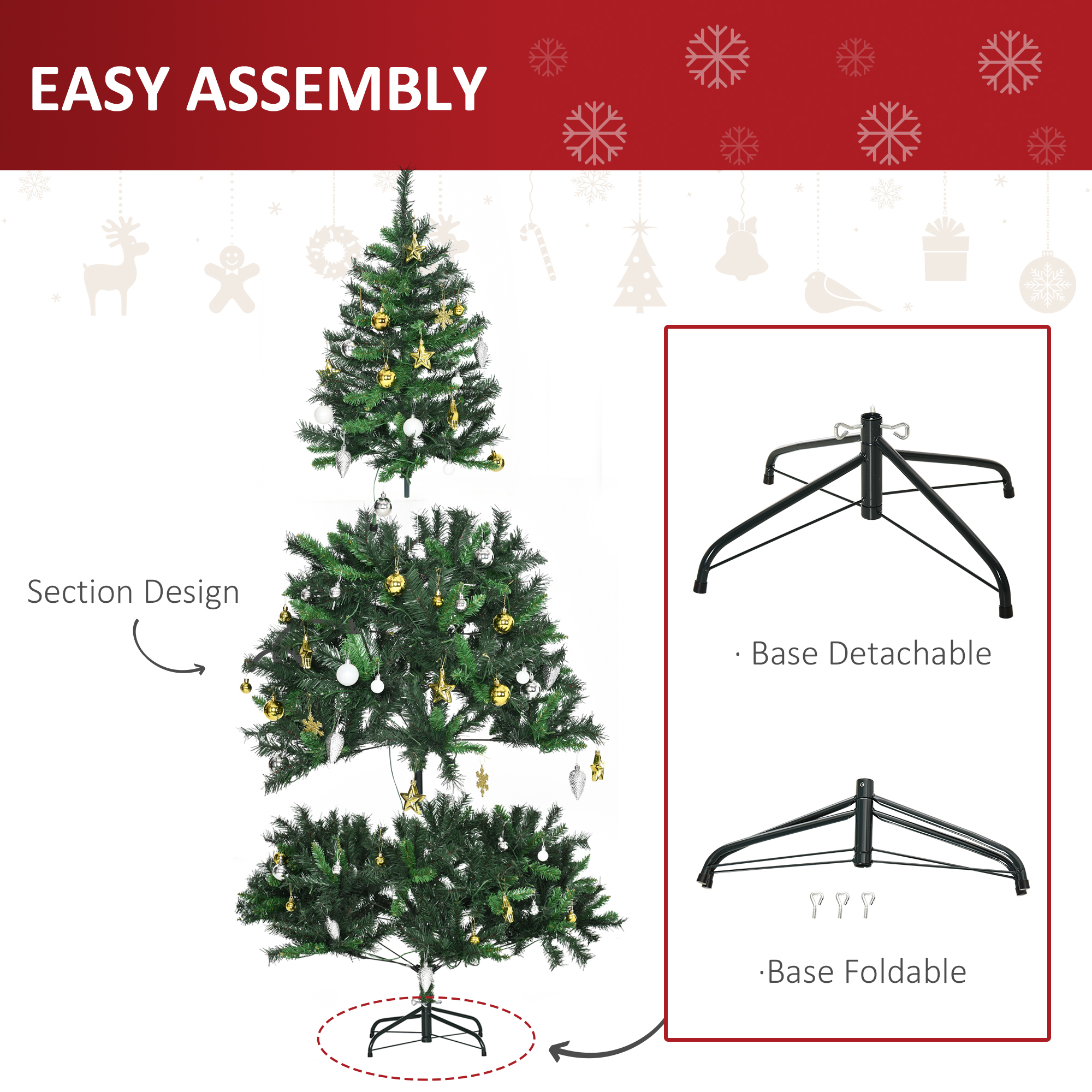 HOMCOM 1.8m 6ft Pre-Lit Artificial Christmas Tree 200 LED Xmas Tree Holiday Décor with Decorative Balls Ornament Metal Stand 6