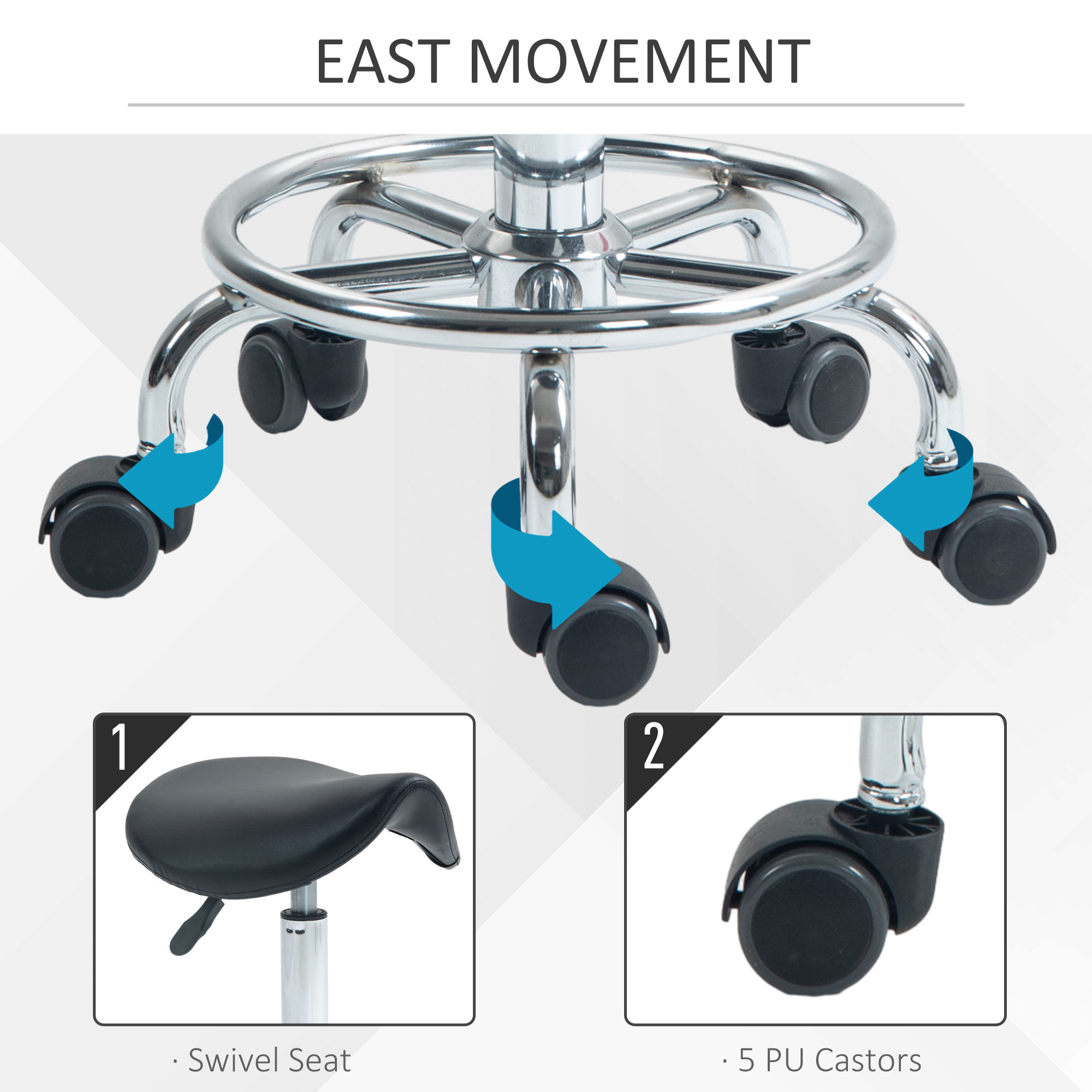 HOMCOM Salon Saddle Stool, Rolling Saddle Chair for Massage, Spa, Clinic, Beauty, Hairdressing and Tattoo, Black 6