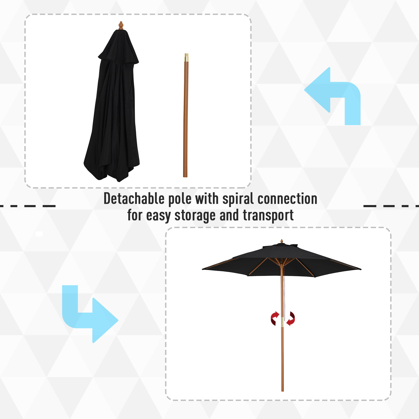 Outsunny Wooden Garden Umbrella Sun Shade with Top Vents, Bamboo Ribs and Sturdy Wood Pole, Black 4