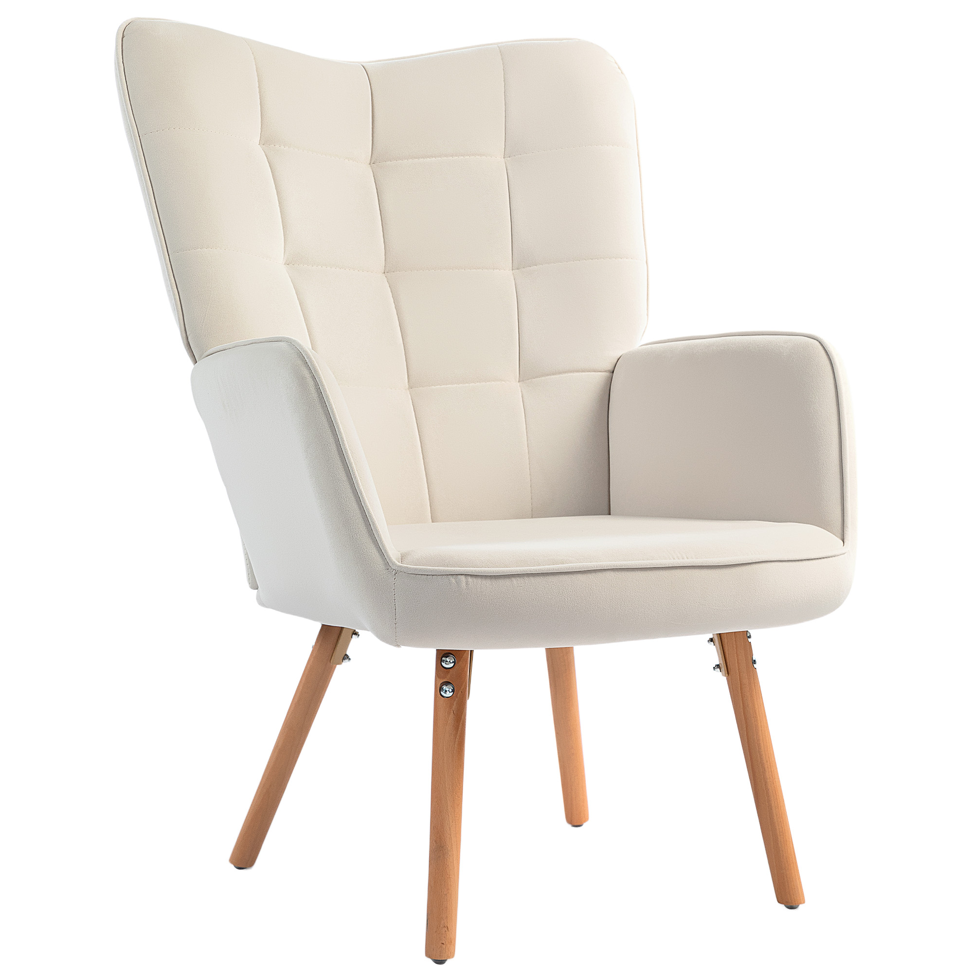 HOMCOM Modern Accent Chair, Upholstered Tufted Wingback Armchair with Seat Padding, Velvet Leisure Lounge Bedroom Chair with Wood Legs, Cream White 8