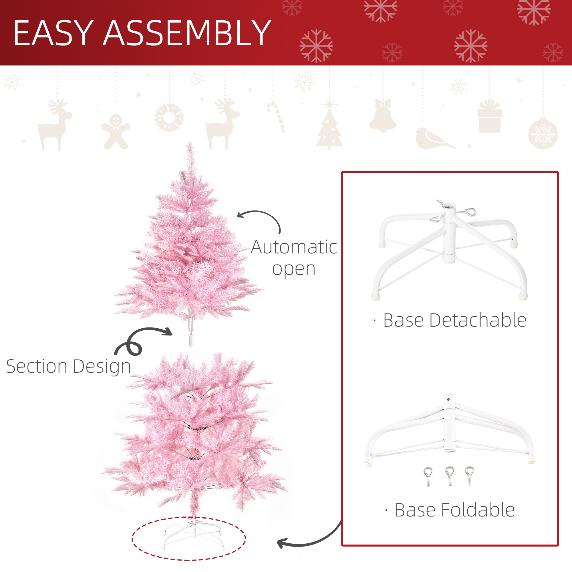 HOMCOM 5FT Artificial Christmas Tree Holiday Xmas Holiday Tree Decoration with Automatic Open for Home Party, Pink 6