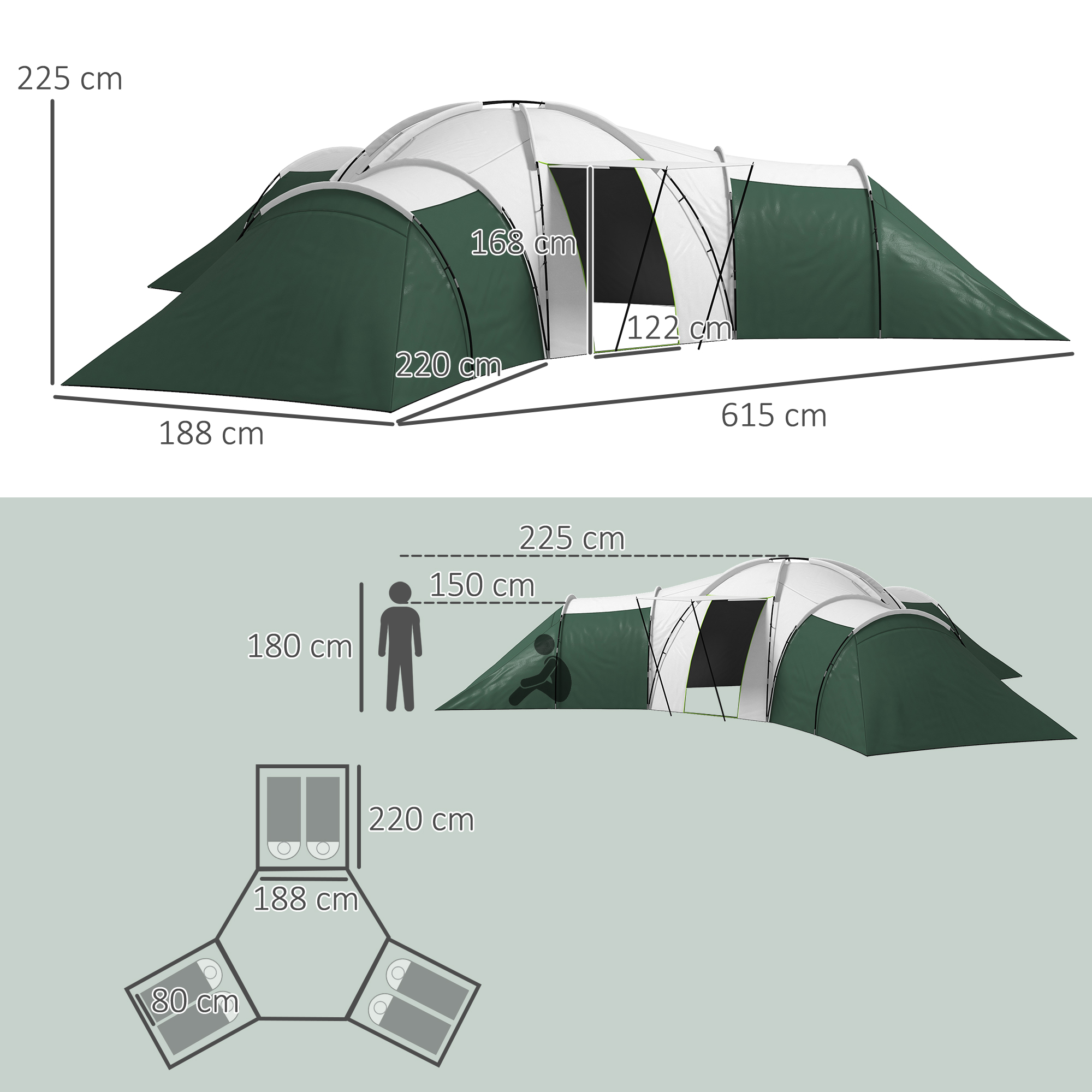 Outsunny 6-9 Man Tent with Bedrooms and Living Room, Accessories Included, Green 3